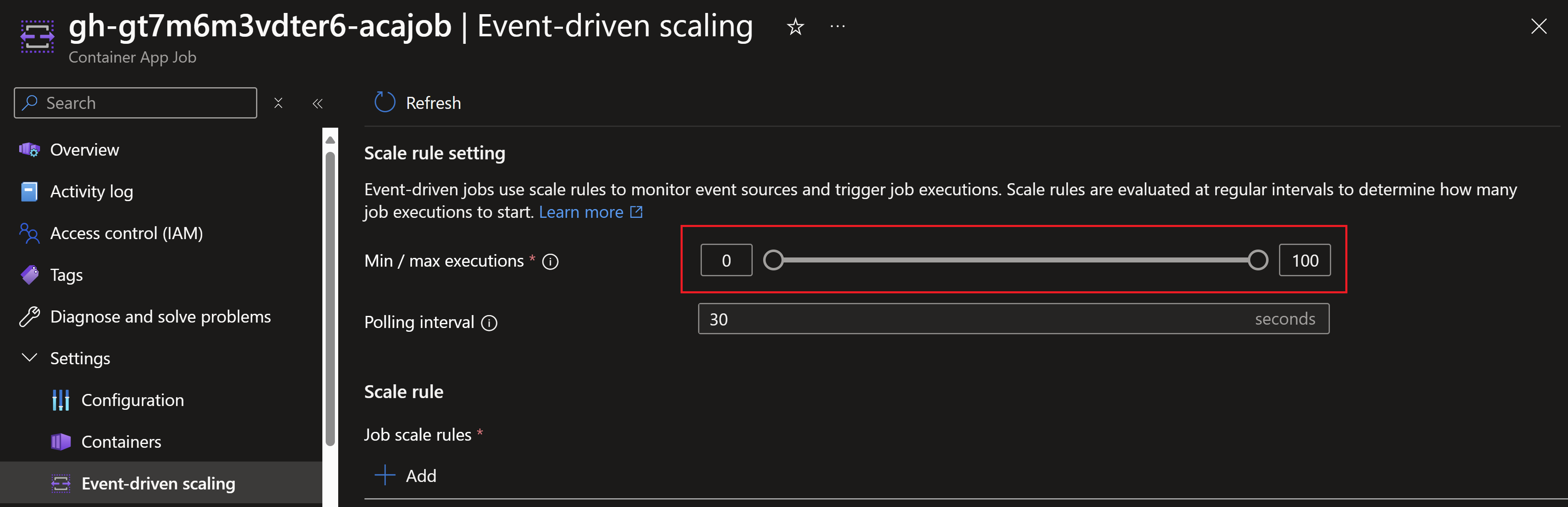 Screenshot showing the scaling configuration of Azure Container apps