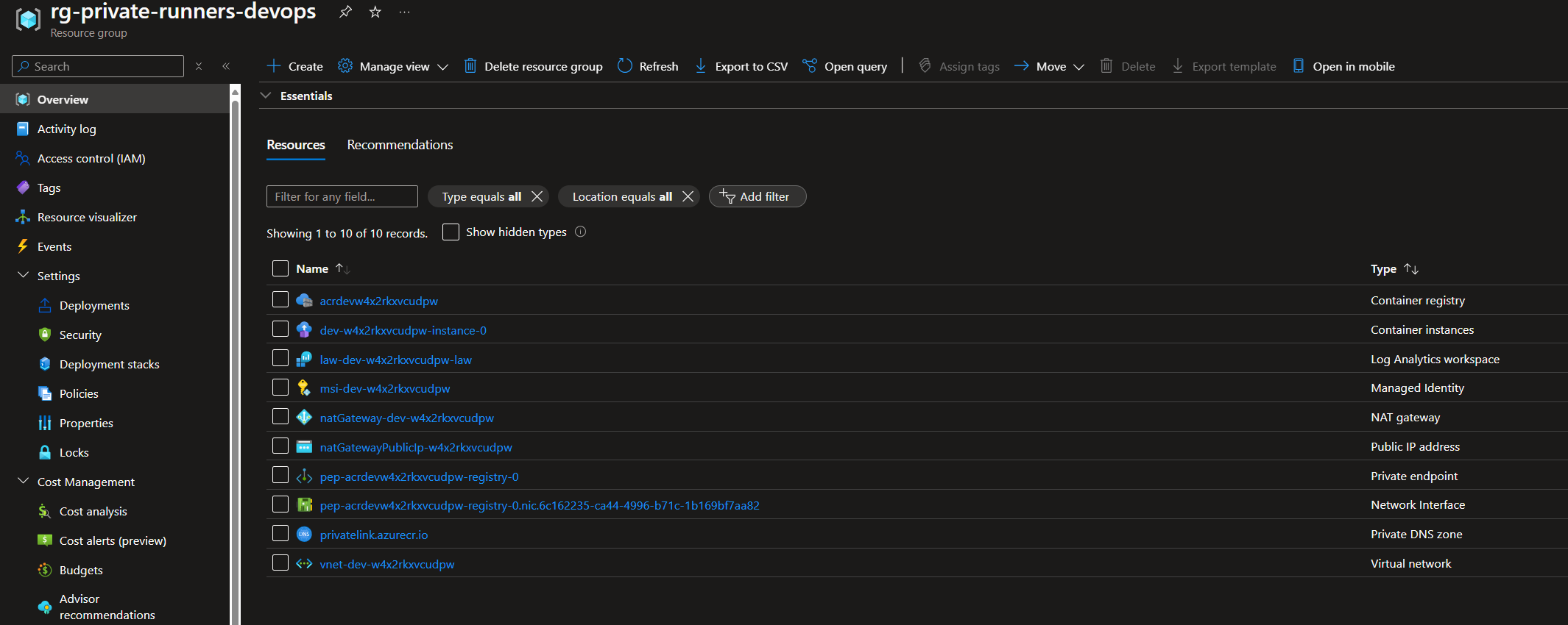 Screenshot showing the resources deployed in azure