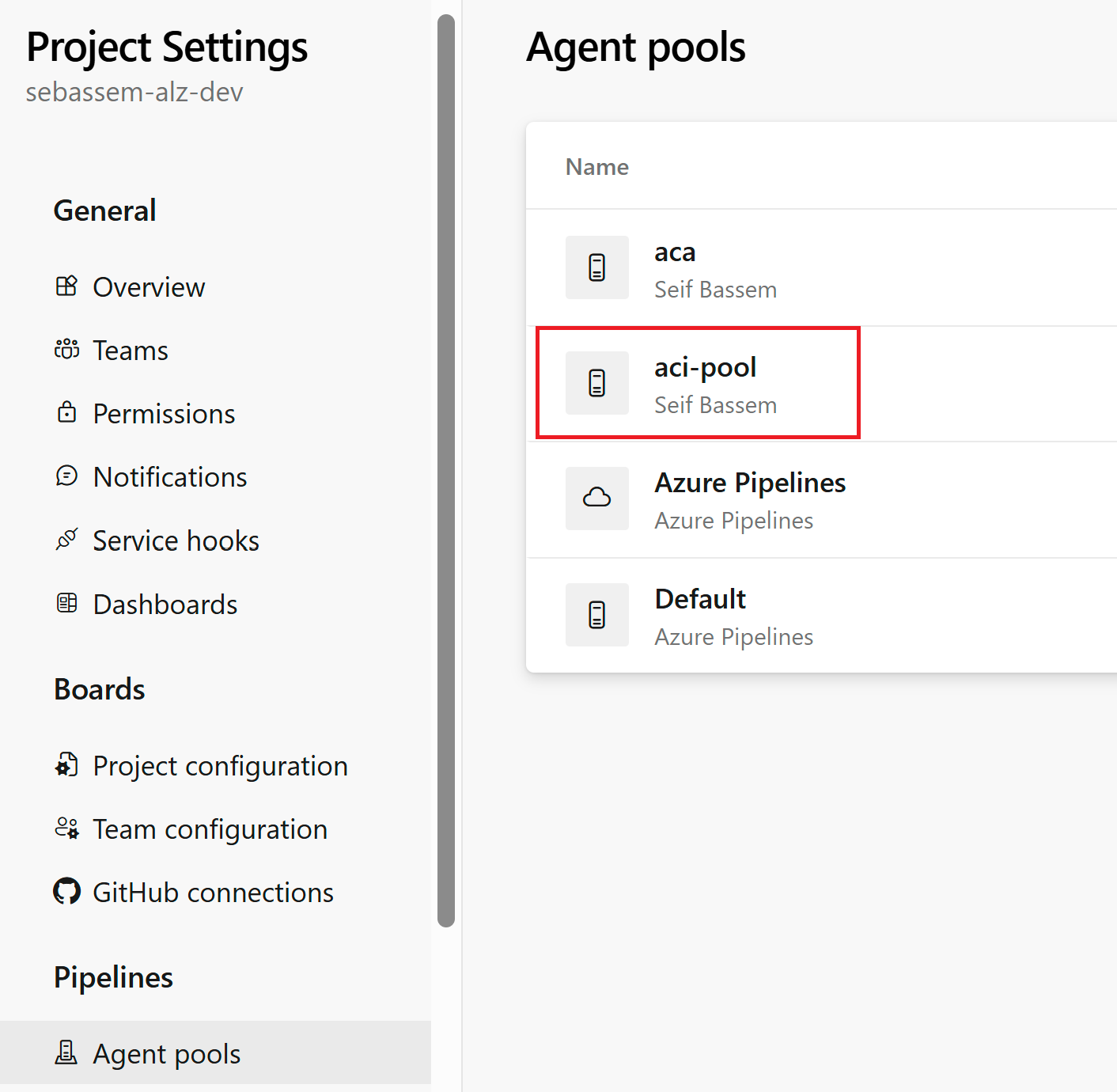 Screenshot showing creating an agent pool named aci-pool