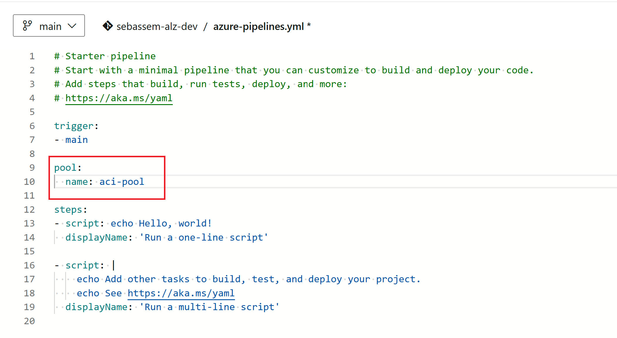 Screenshot showing editing the pipeline yaml