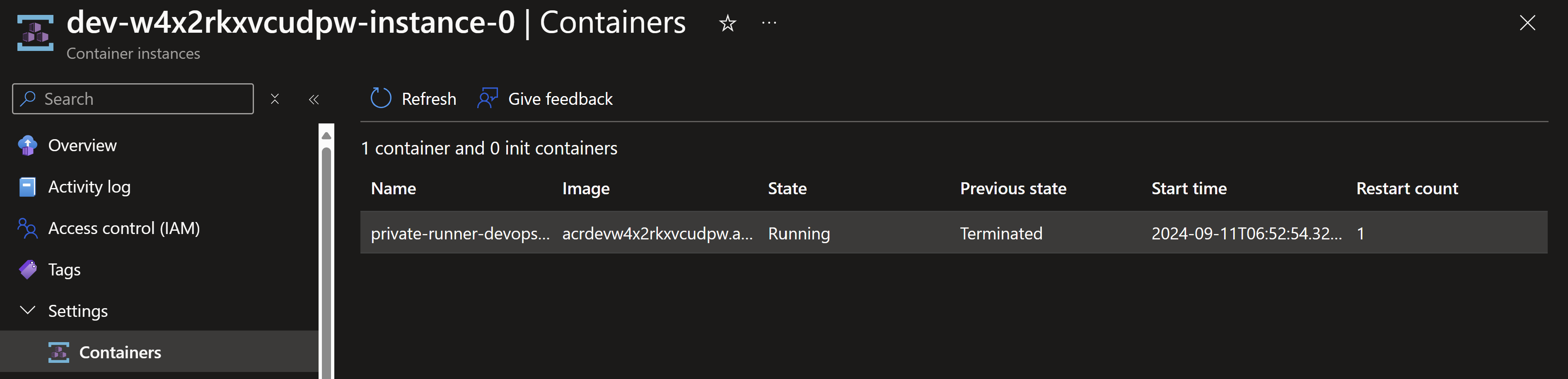 Screenshot showing Azure container instance configuration