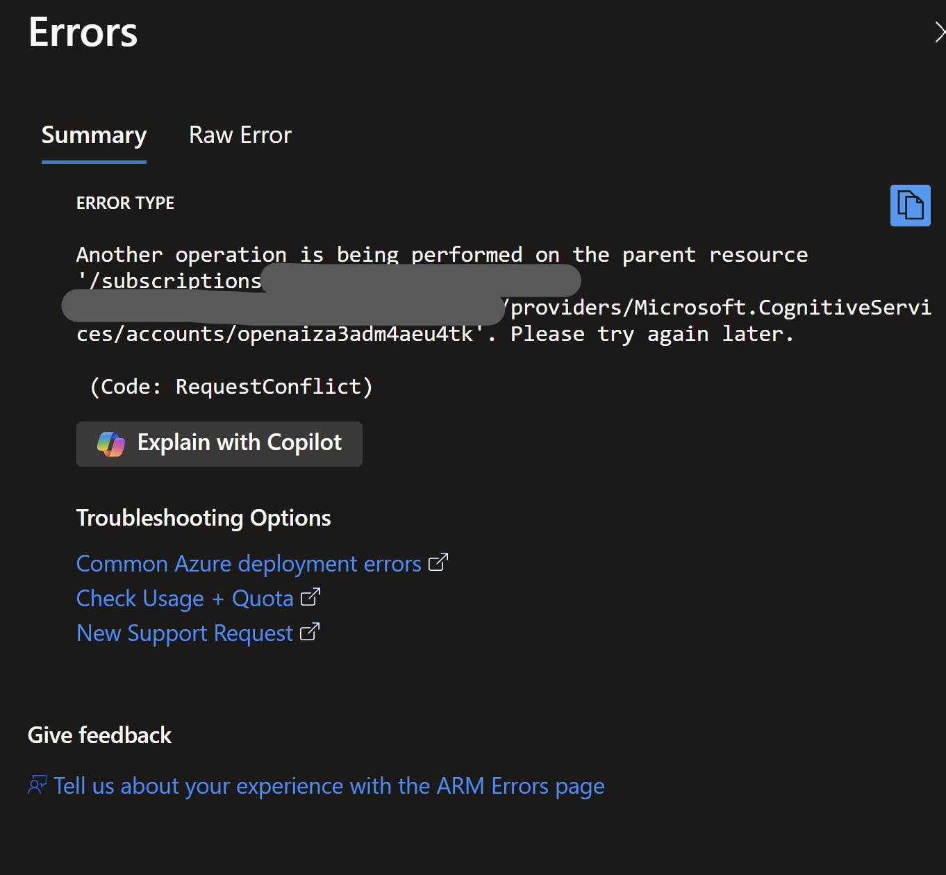 Screenshot showing the ARM deployment error detailed