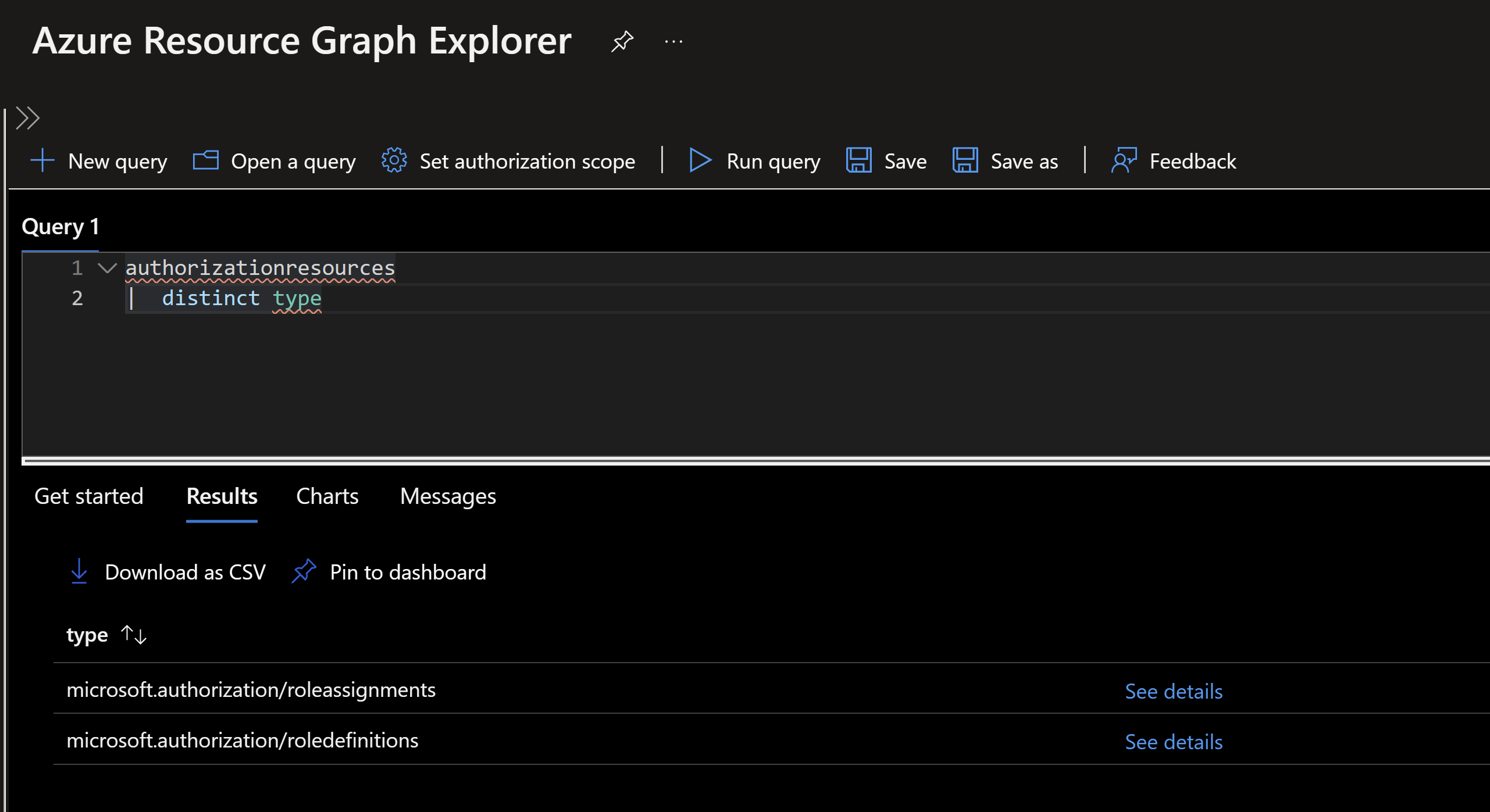 Screenshot showing Azure resource graph query of the authorizationresources table
