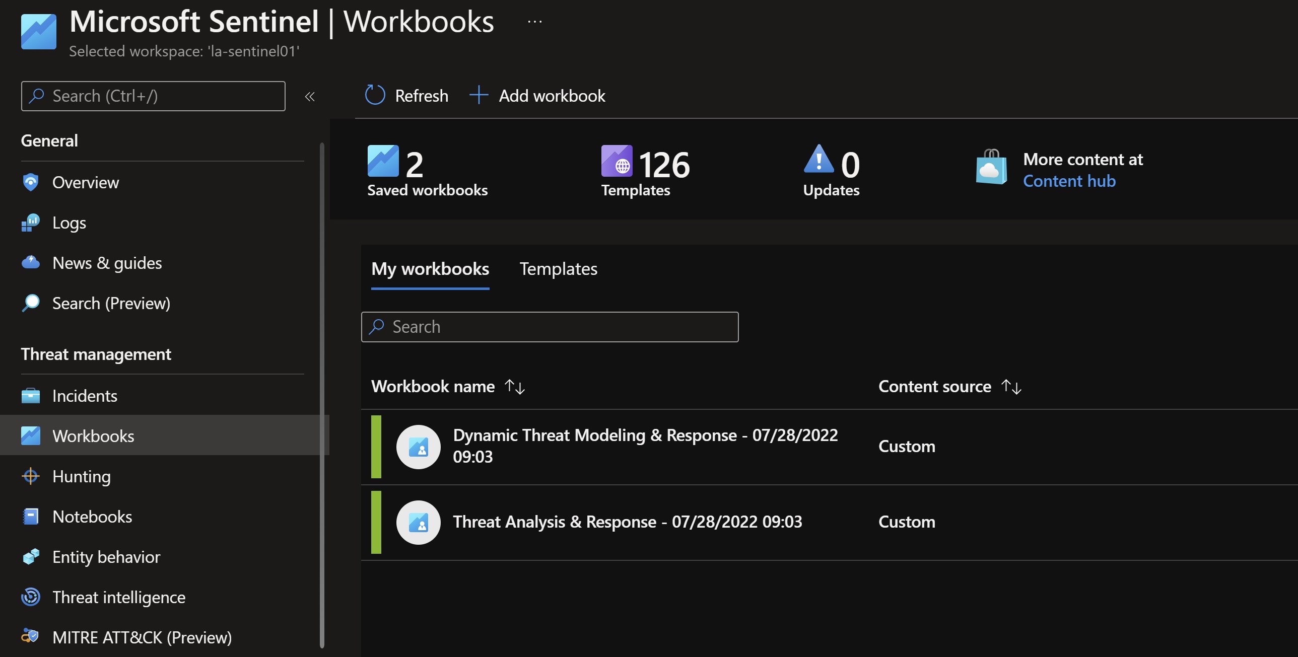Screenshot showing the workbooks deployed