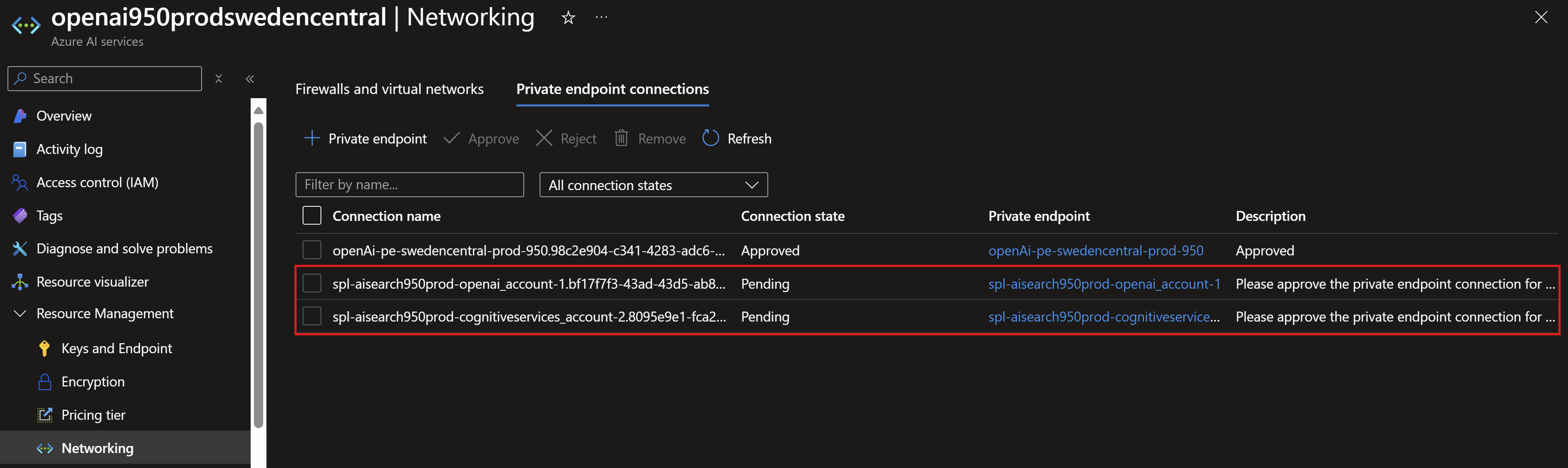 Screenshot showing approving Azure OpenAI private endpoints