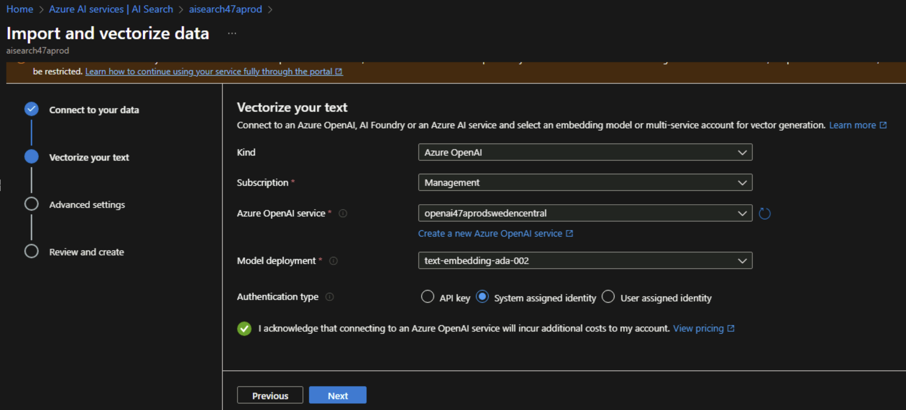 Screenshot showing configuring the embedding model