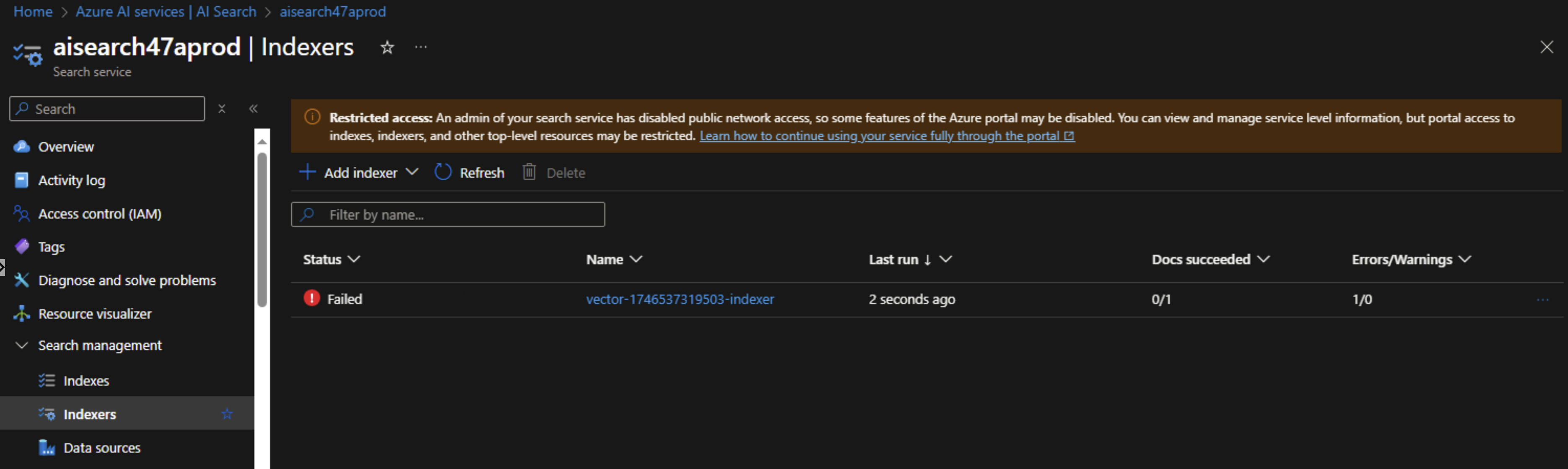 Screenshot showing the failed AI search index