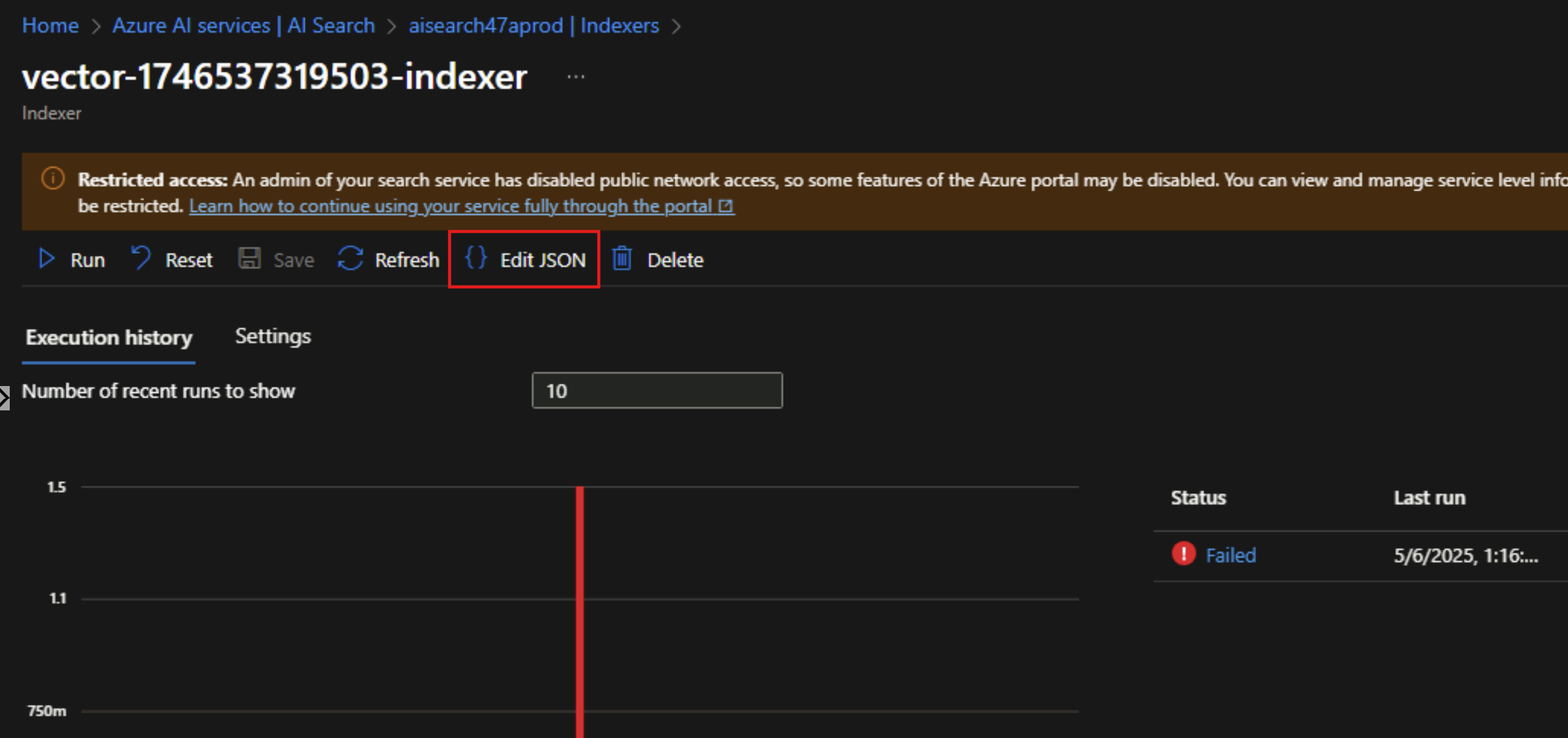 Screenshot showing editing the JSON of the index