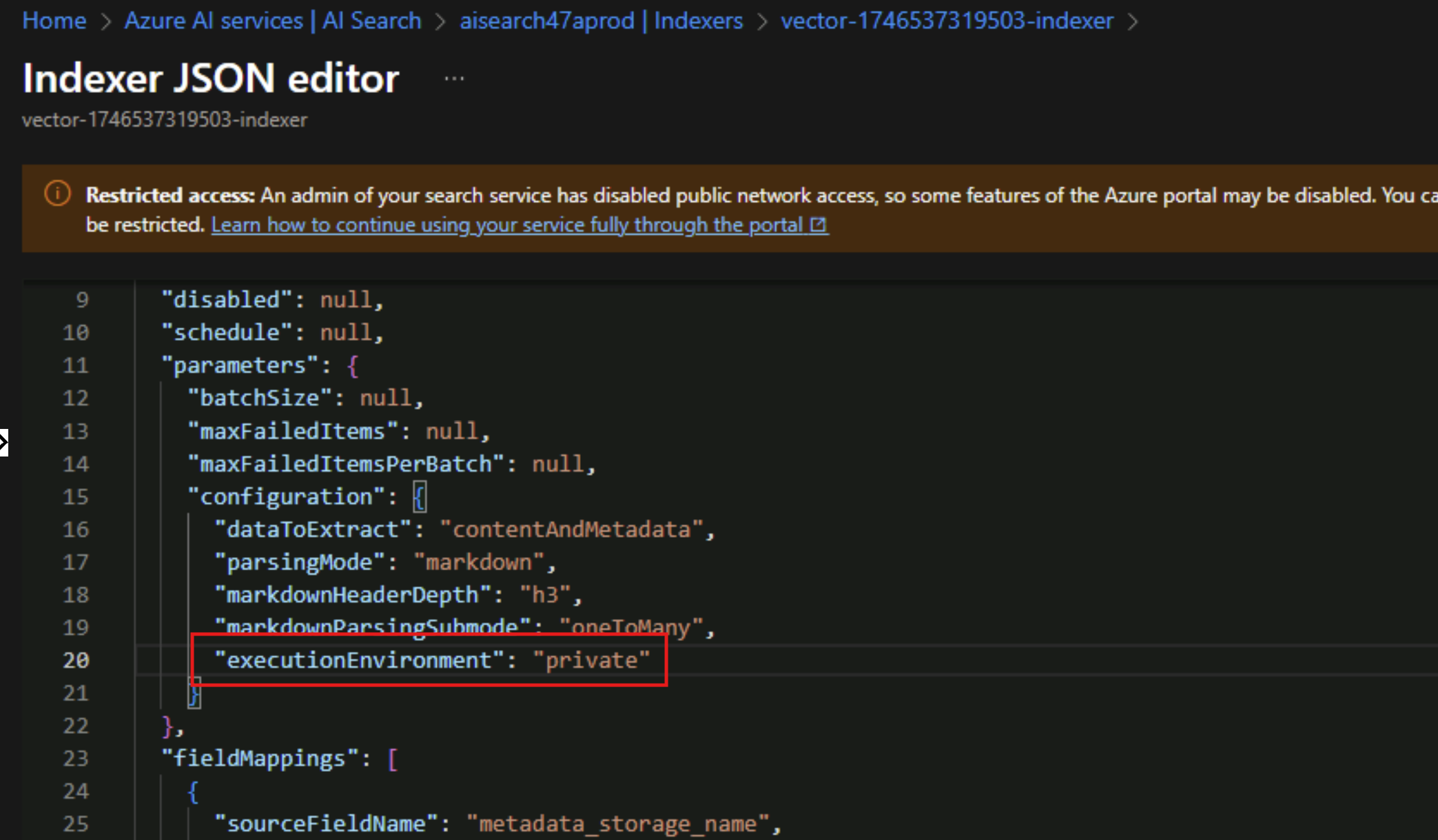 Screenshot showing adding the private execution environment to the json file