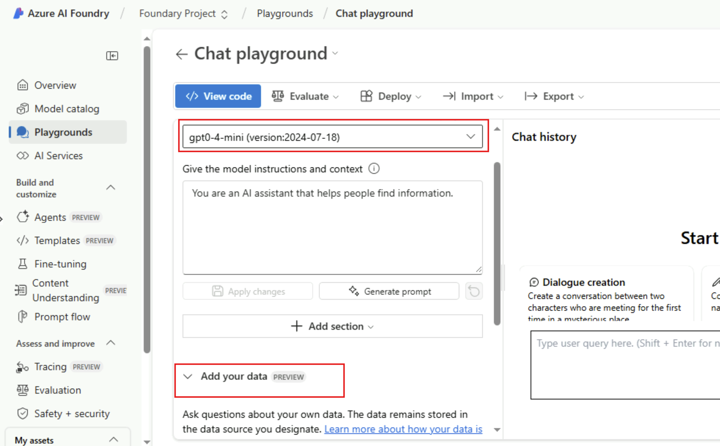Screenshot showing the foundry chat playground
