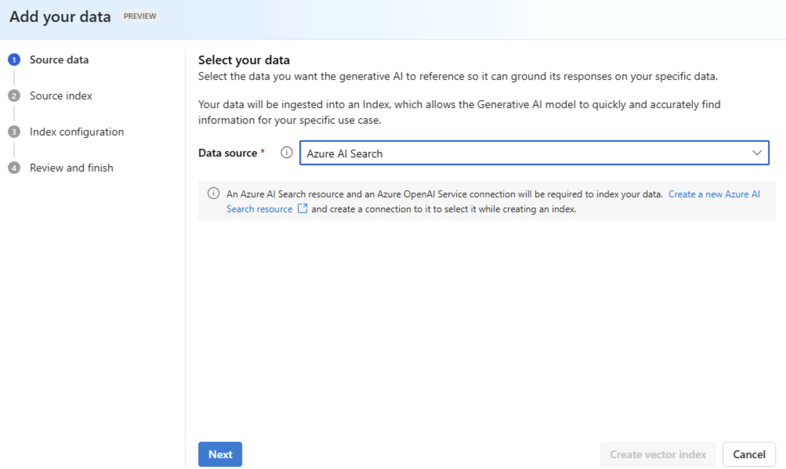 Screenshot showing selecting ai search as the data source