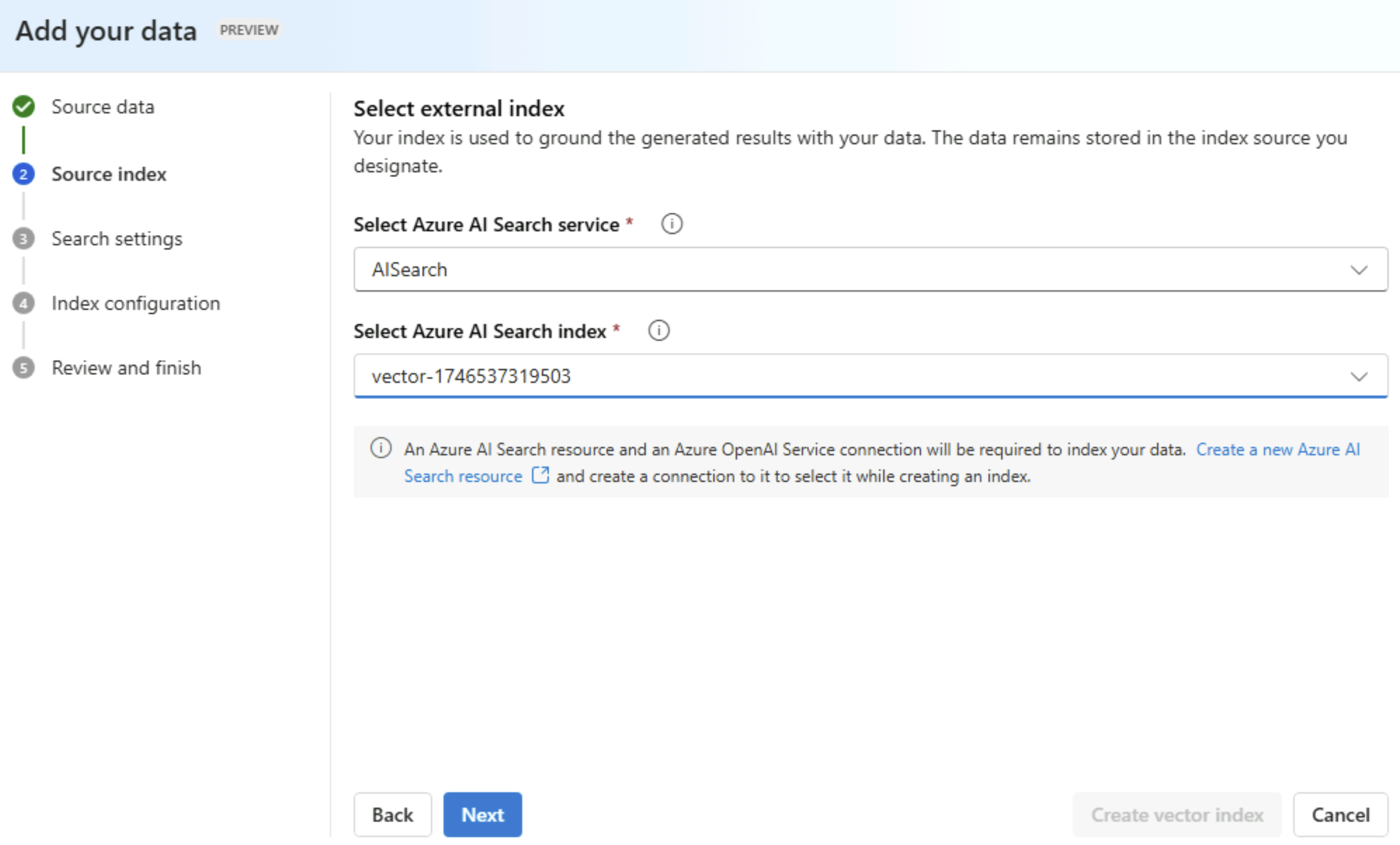 Screenshot showing adding the index created by ai search