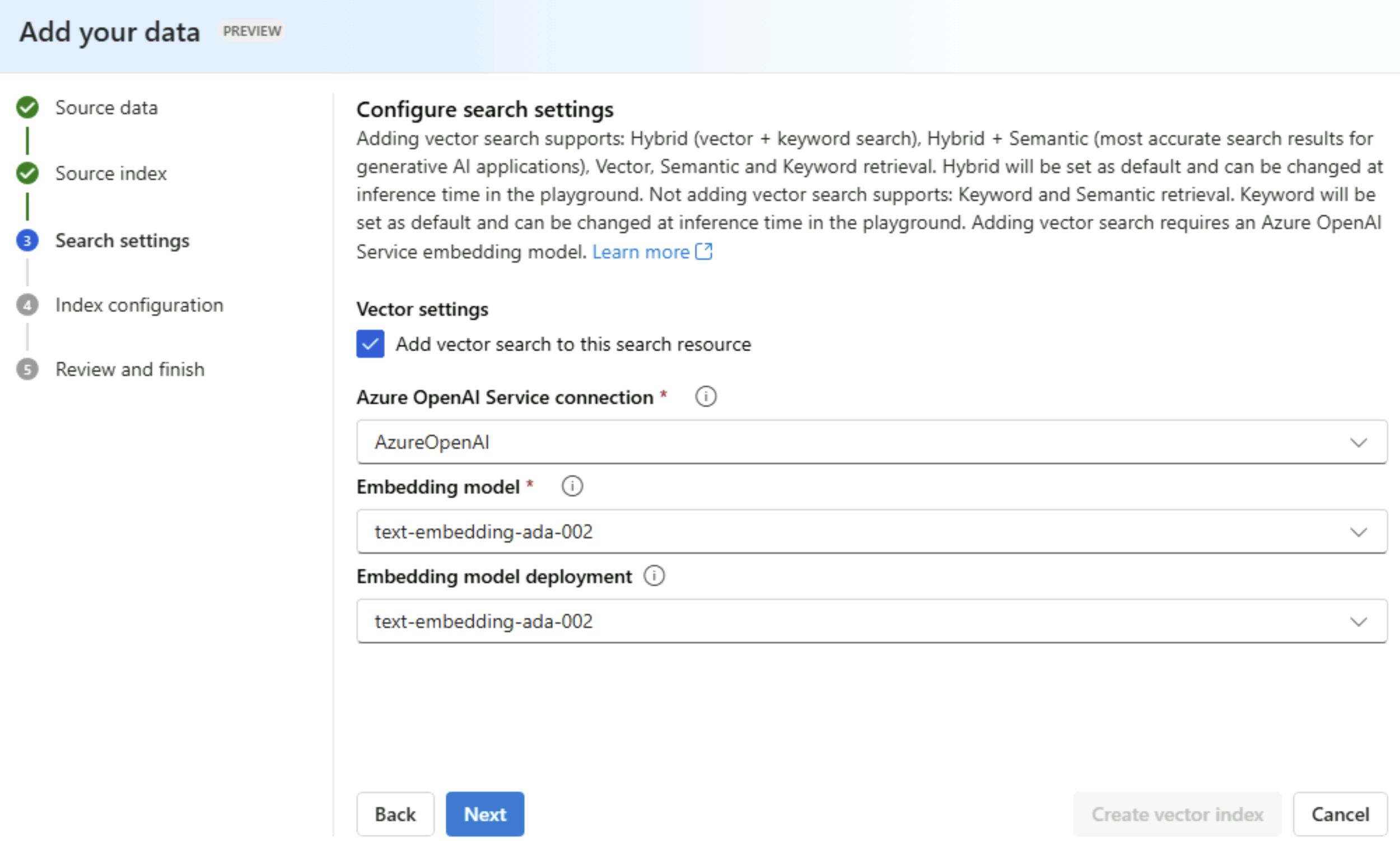Screenshot showing configuring the embedding settings