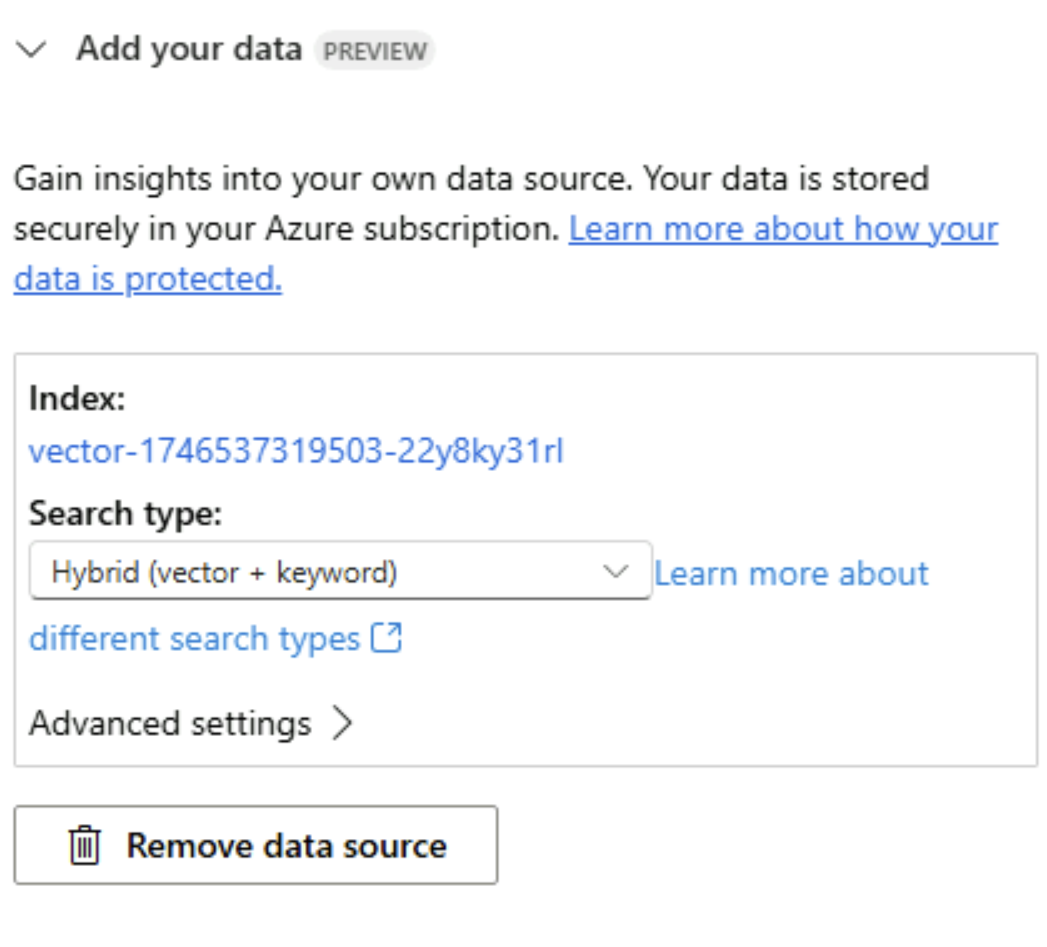 Screenshot showing a successfull configuration of chat with your data