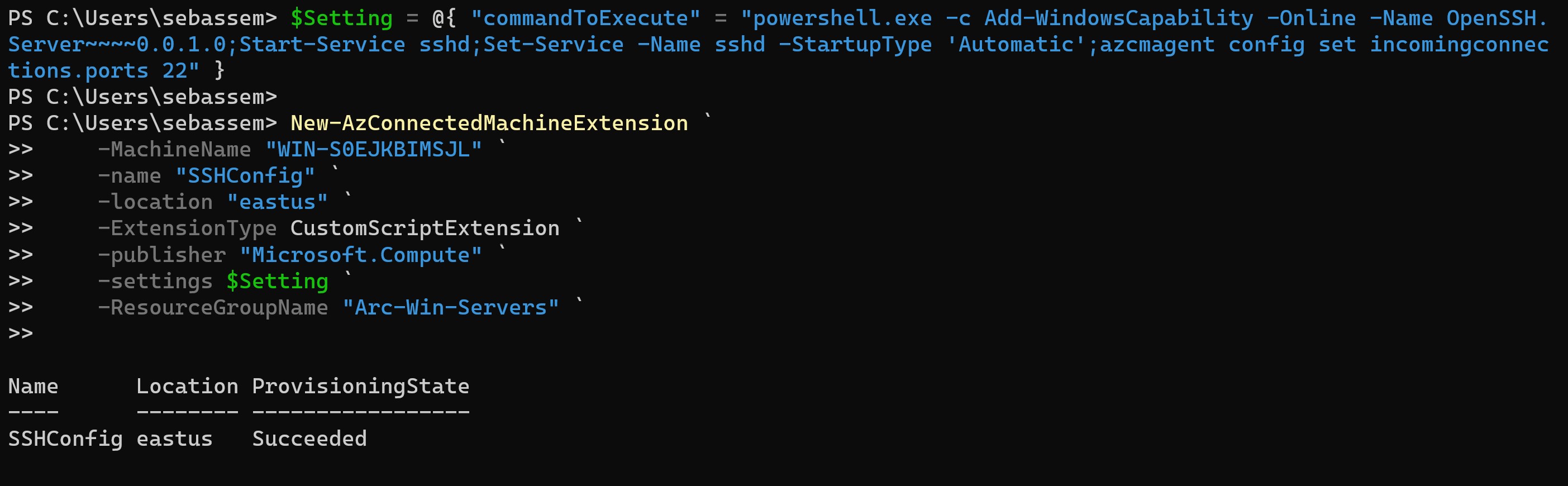 Screenshot showing the VM extension installation