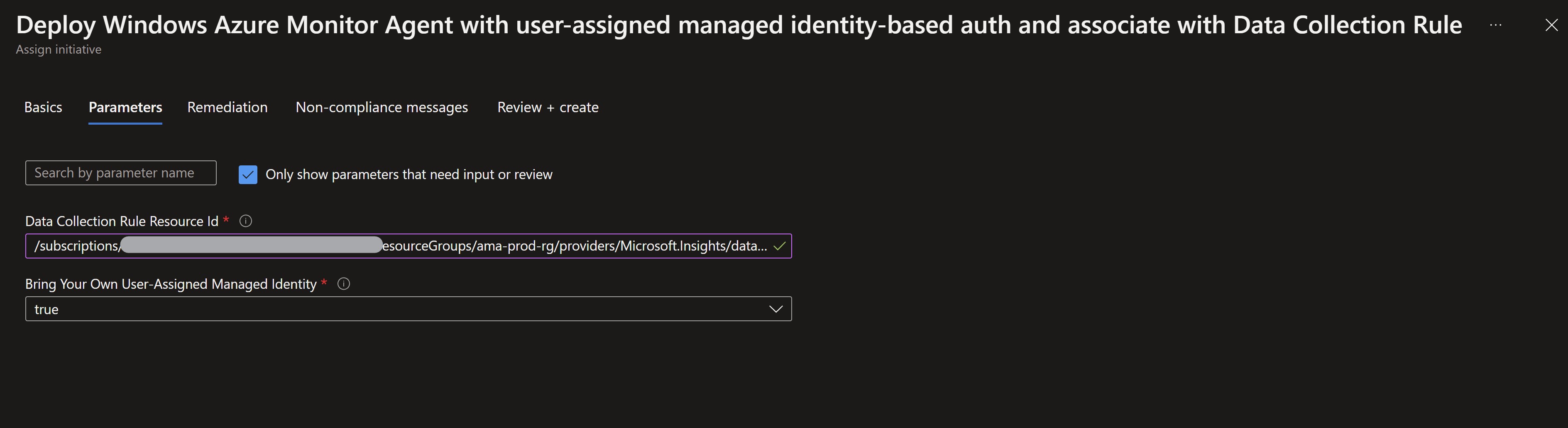 Screenshot showing deploying the Windows agent using Azure Policy