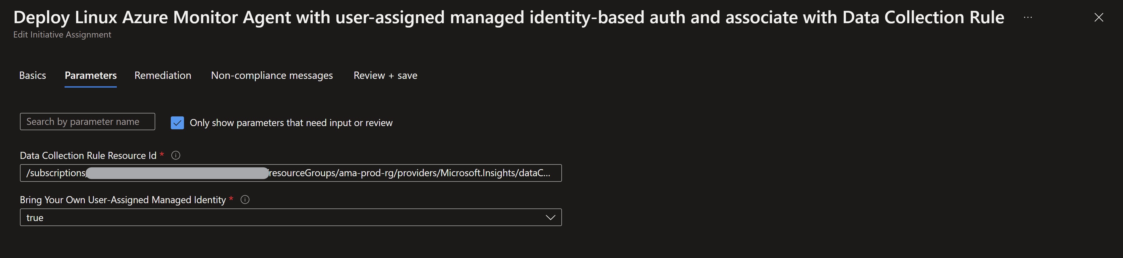 Screenshot showing deploying the Linux agent using Azure Policy