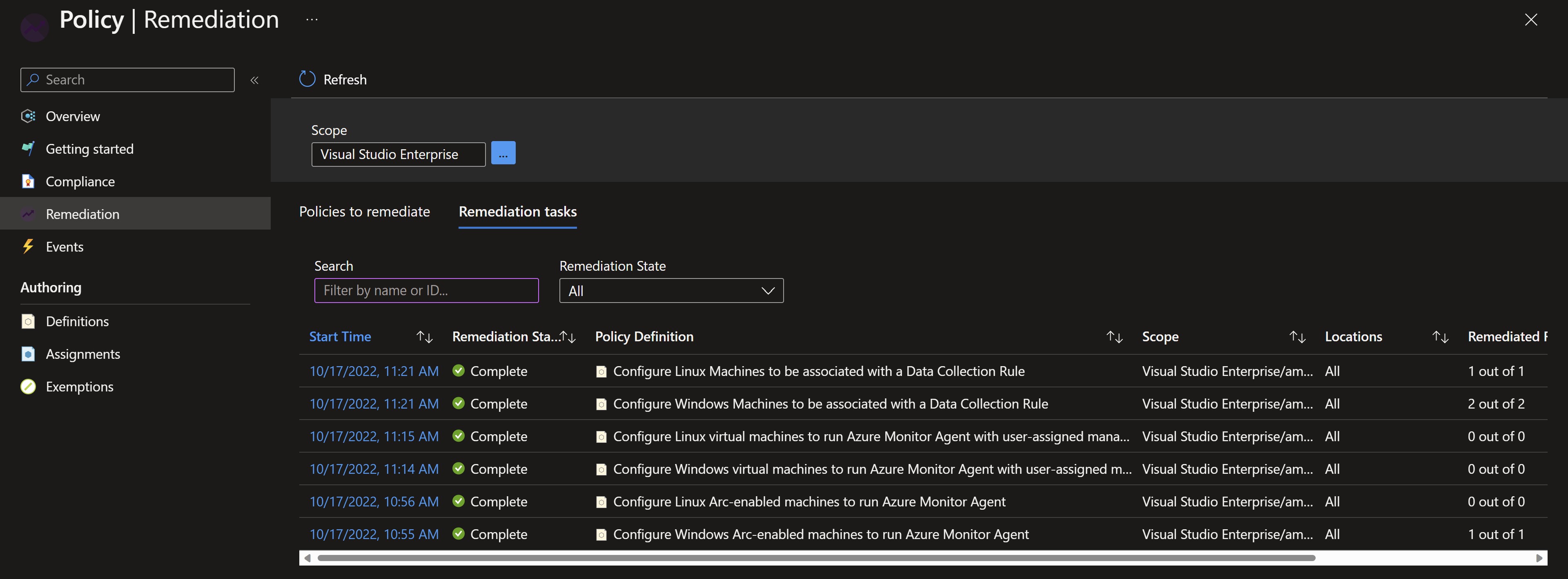 Screenshot showing azure policy remediation tasks succeeded