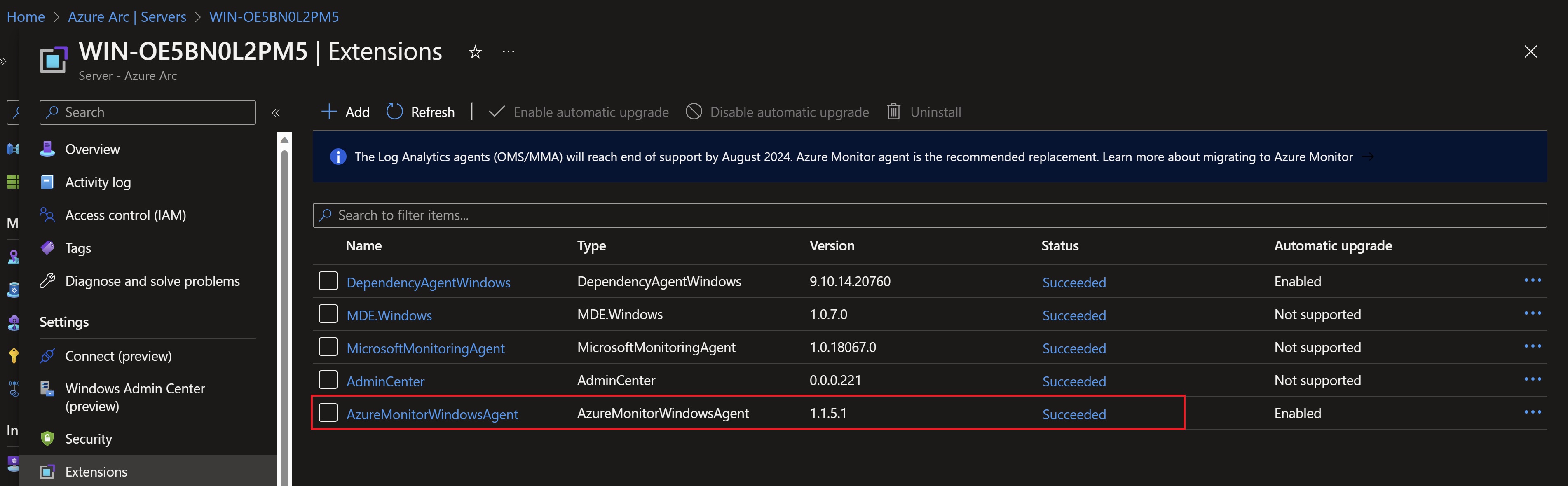 Screenshot showing the new agent deployed on Windows VM