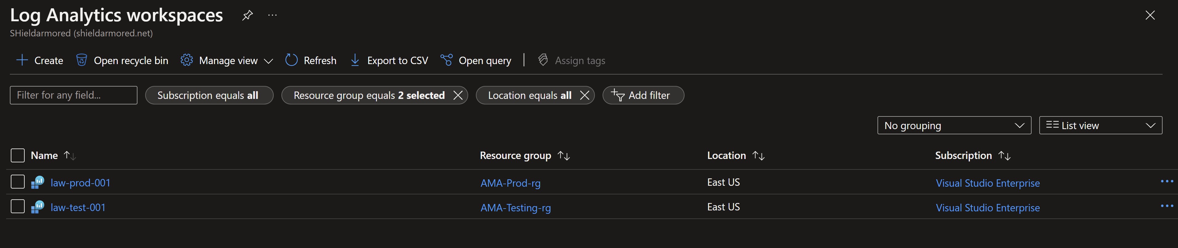 Screenshot showing two resource groups for test and production