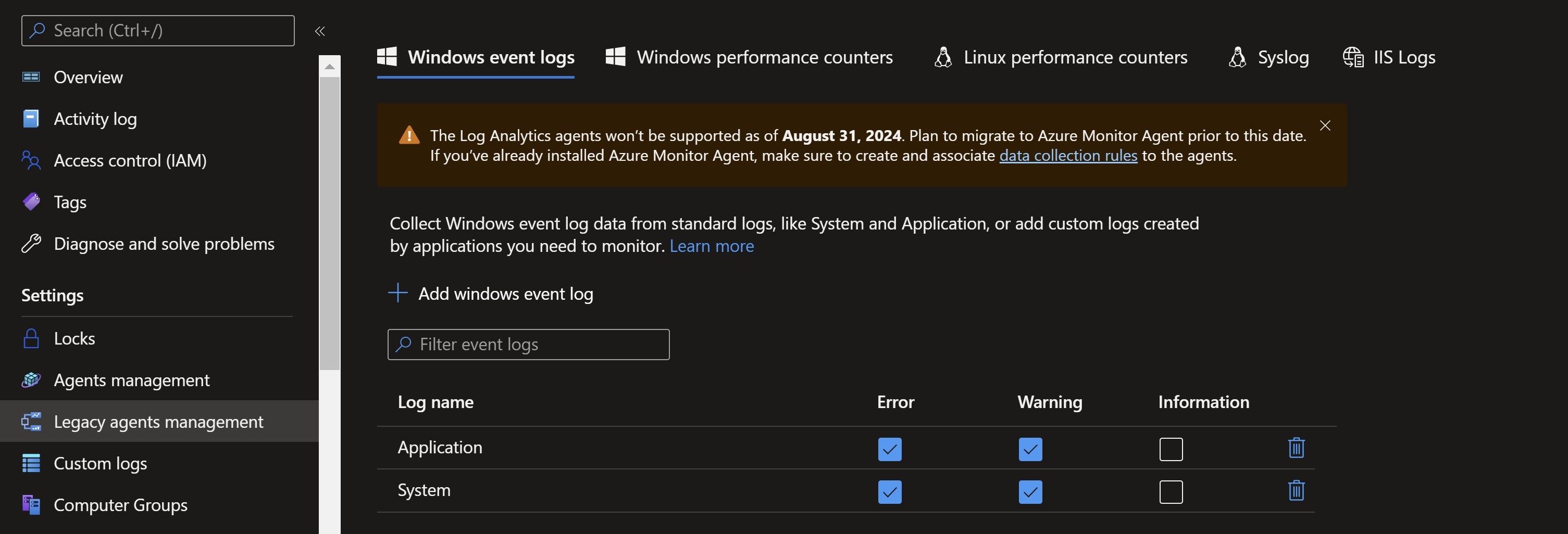 Screenshot showing the Windows event log settings
