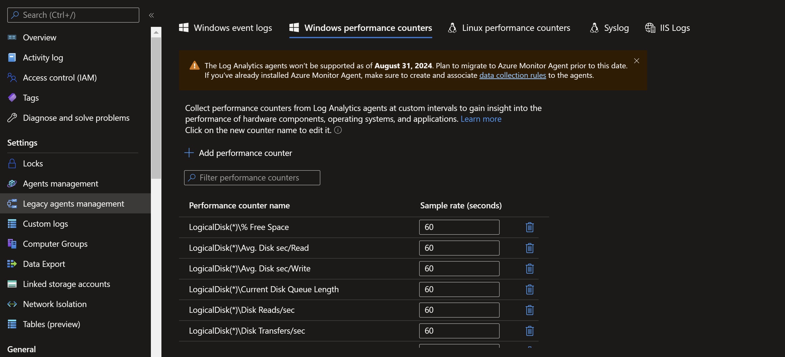 Screenshot showing the Windows performance counters settings