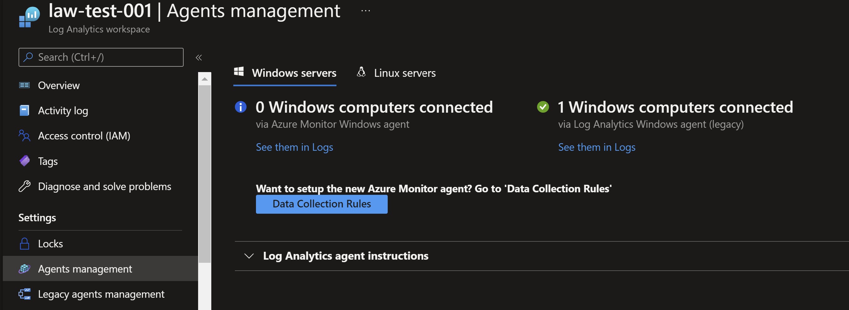 Screenshot showing the Windows VMs connected to the log analytics workspace