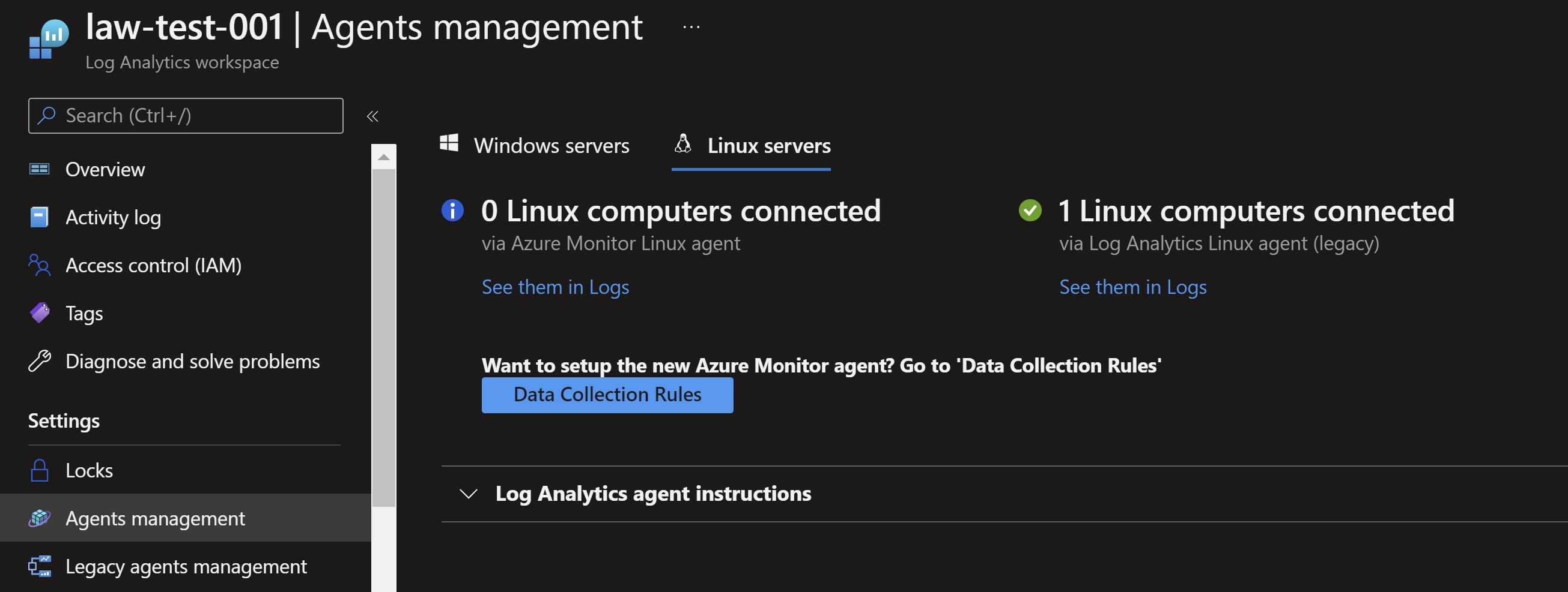 Screenshot showing the Linux VMs connected to the log analytics workspace