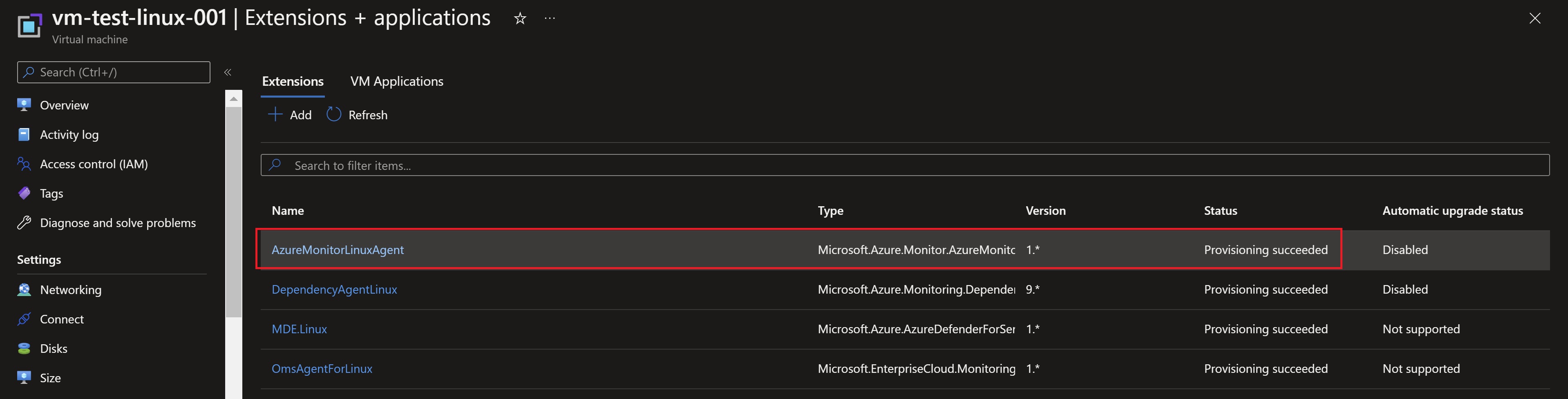Screenshot showing the AMA extension on the azure VM 
