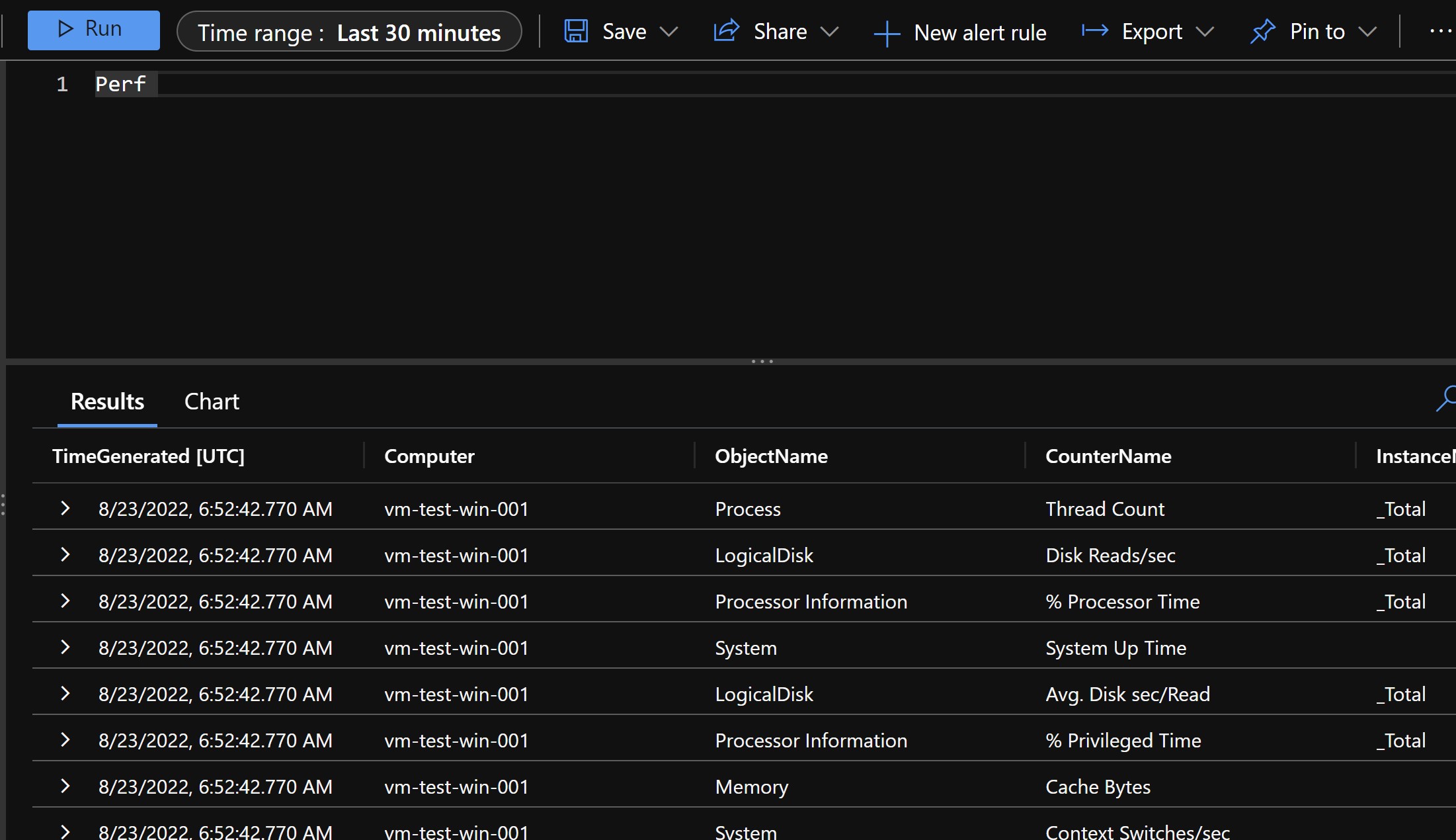 Screenshot showing the perf table in log analytics workspace