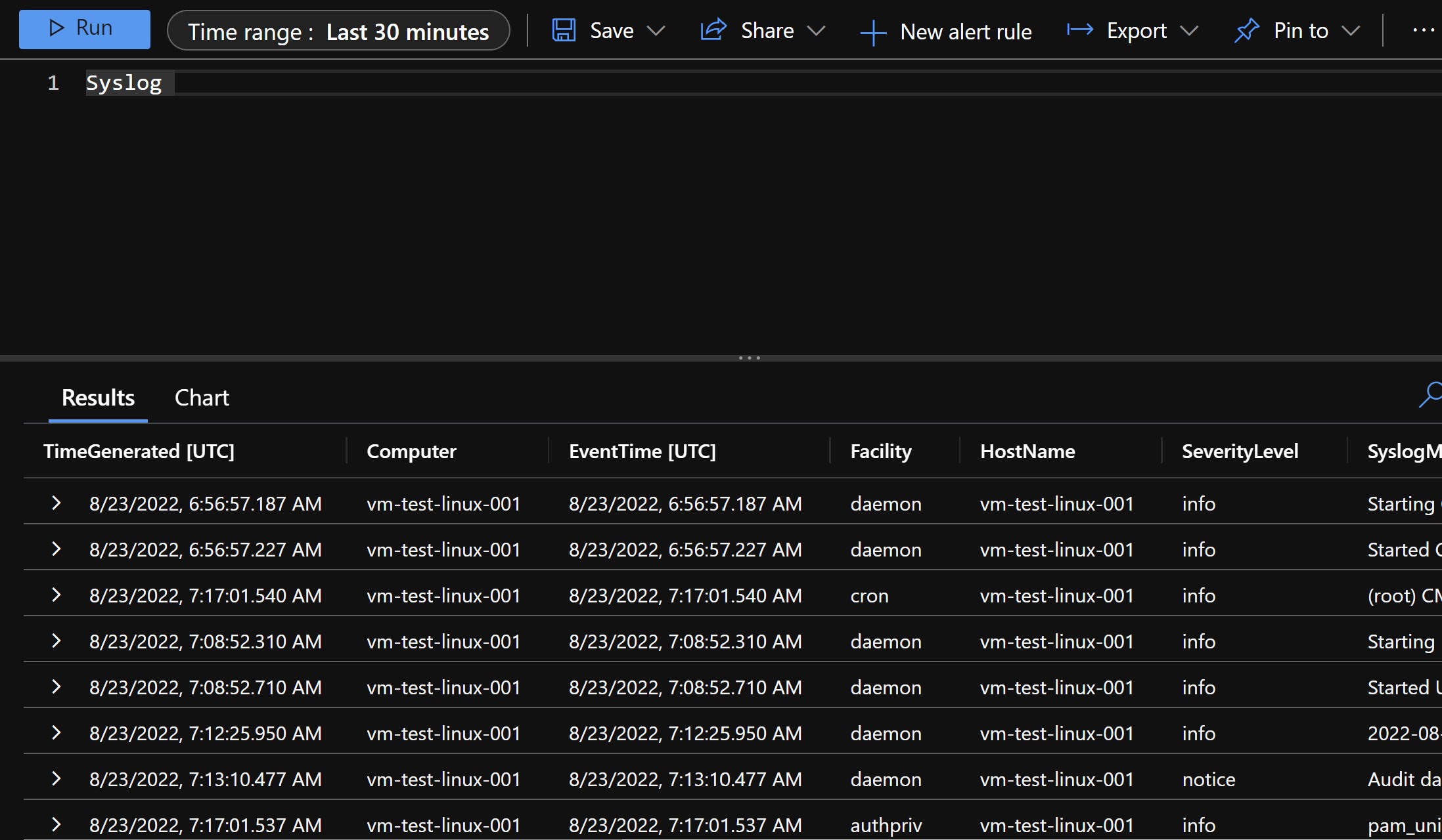 Screenshot showing the syslog table in log analytics workspace