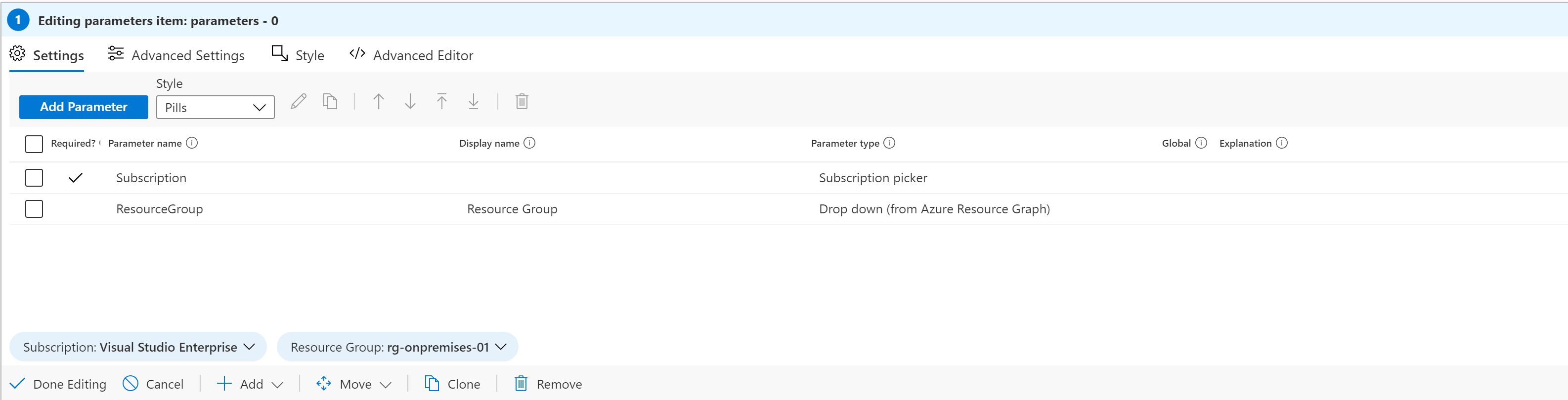 Parameters view