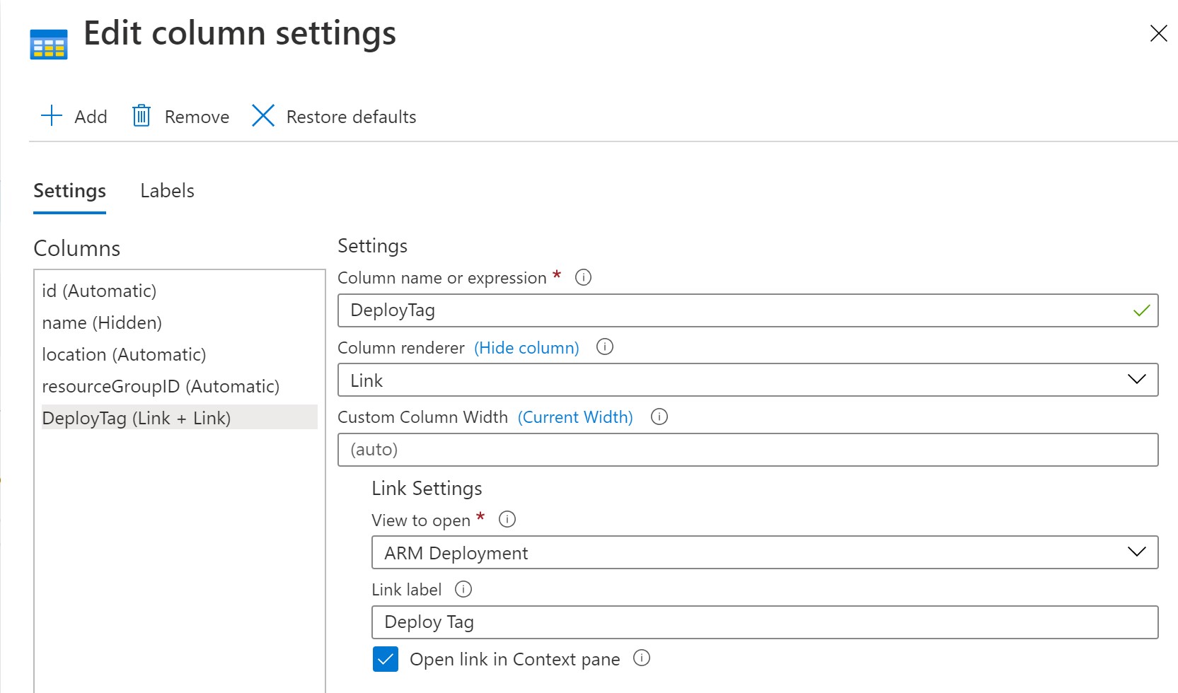 Column settings - ARM Deployment