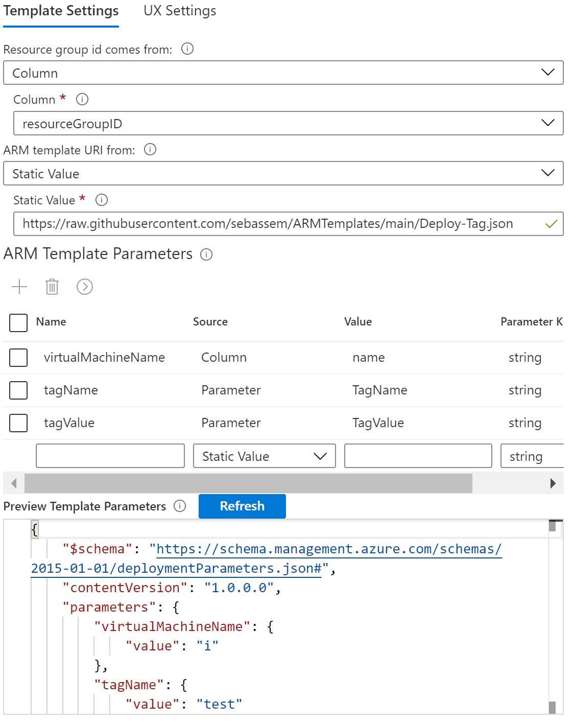 Column settings - ARM Deployment URI