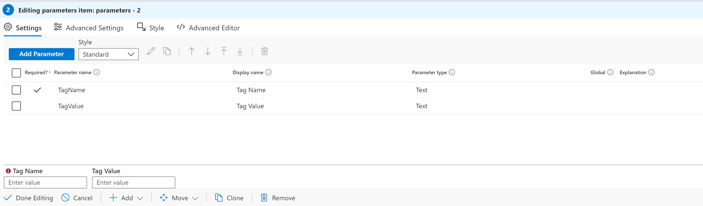 Tags parameters