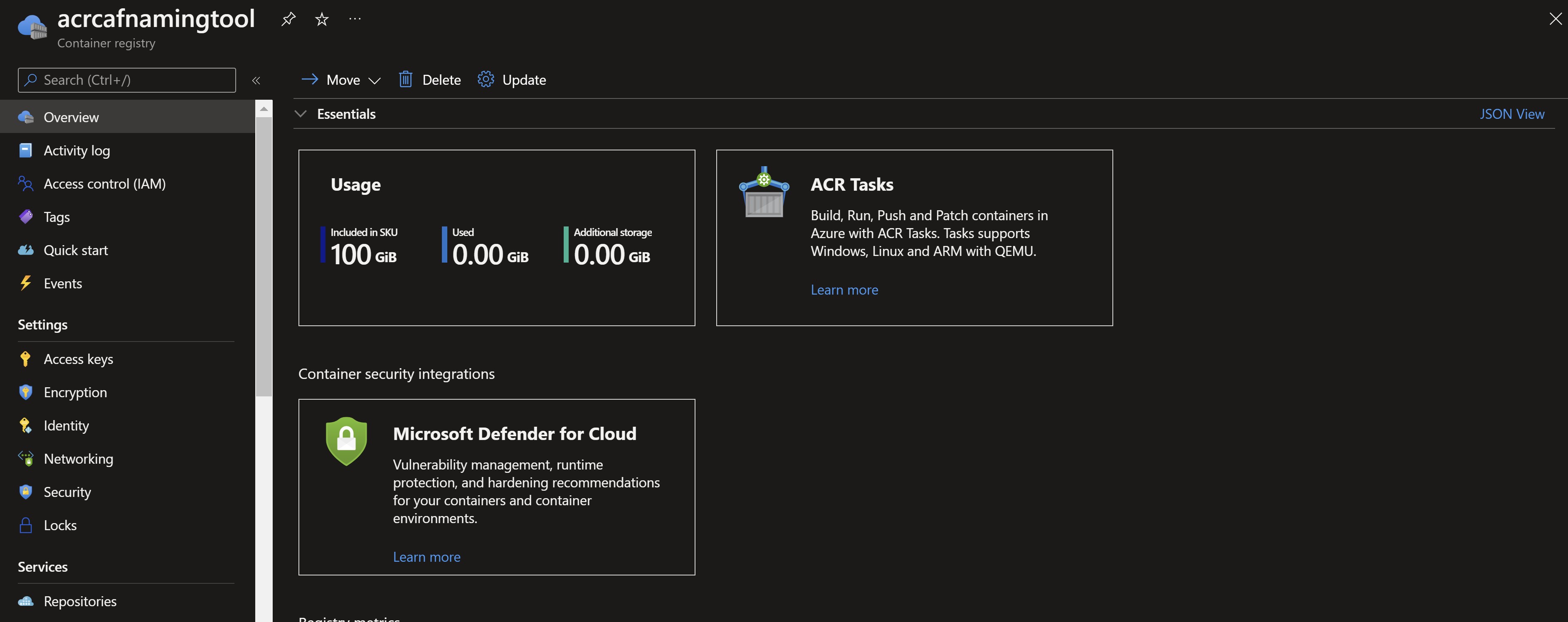 Screenshot showing an Azure Container registry