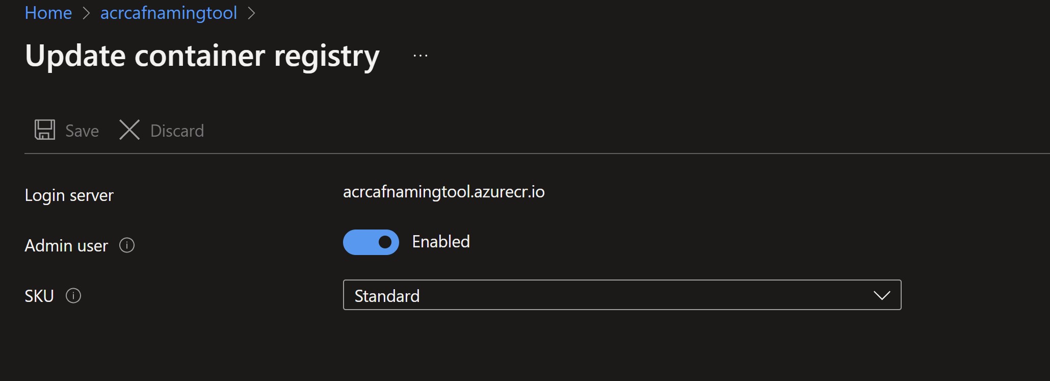 Screenshot showing Azure Container registry with the admin user enabled