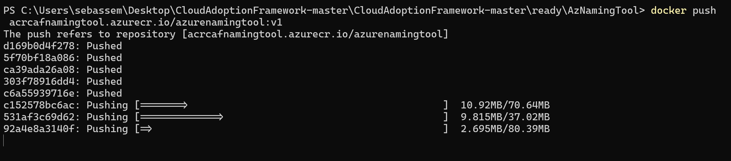 Screenshot showing pushing the image to the Azure Container registry