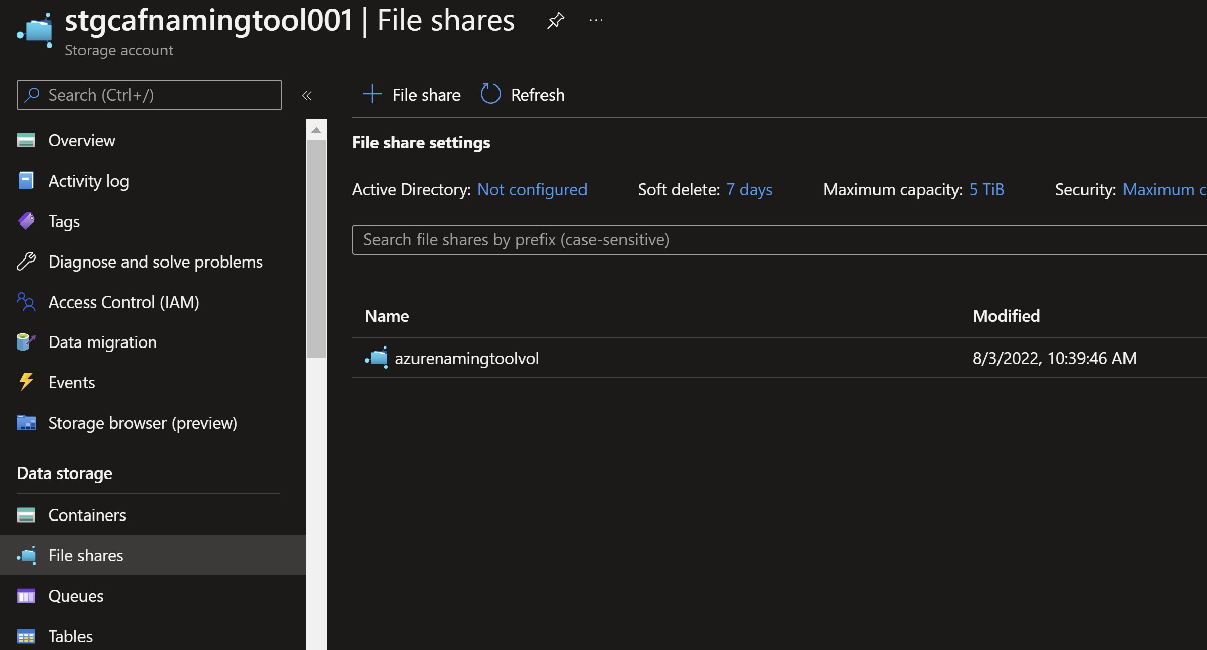 Screenshot showing creating a new Azure file share