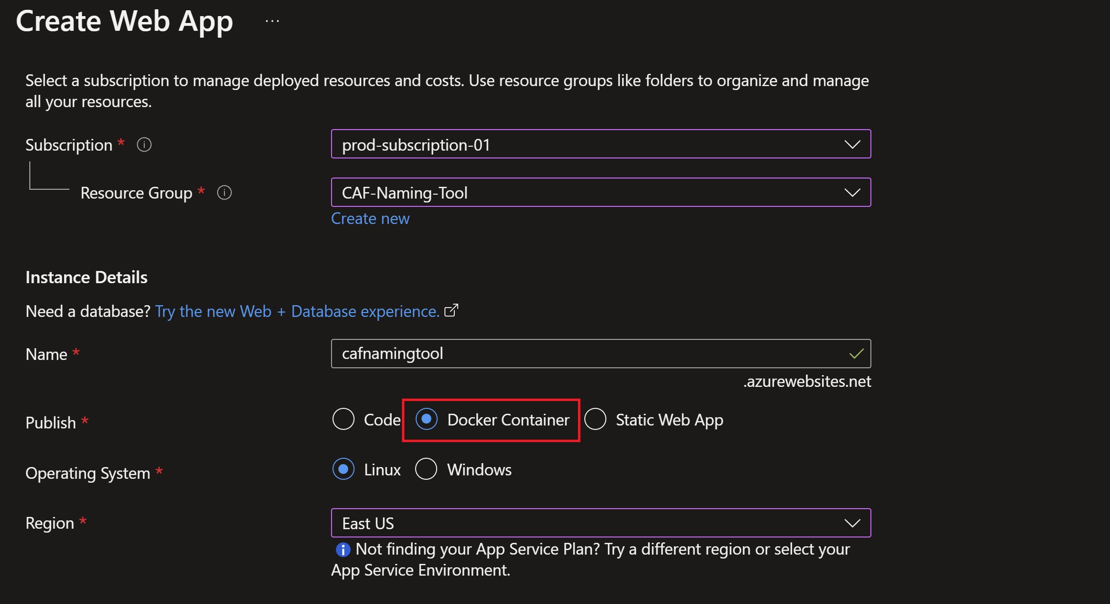 Screenshot showing creating a new web app from the Azure Portal