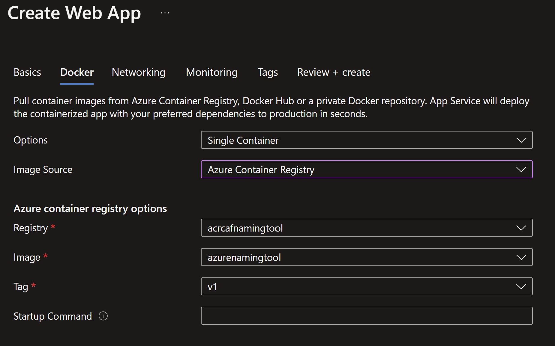 Screenshot showing creating a new web app and providing the container registry details