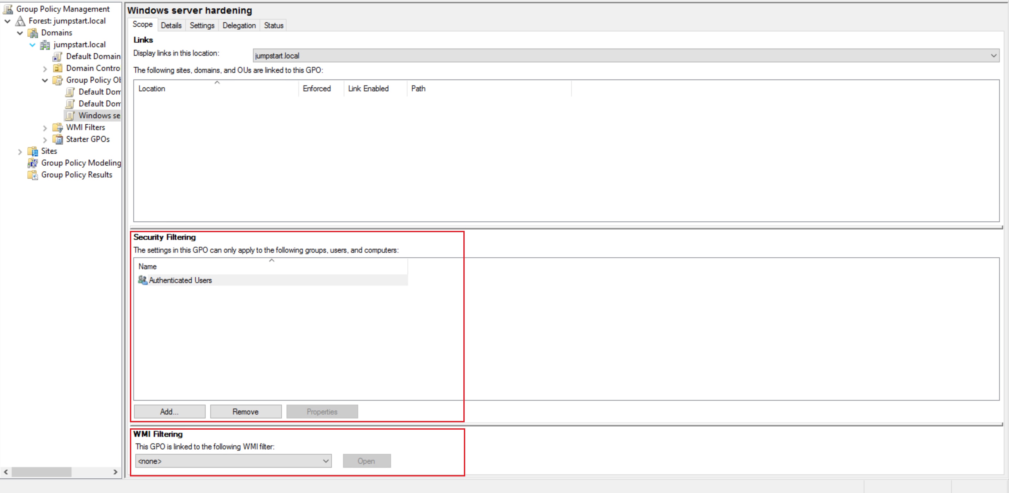Screenshot showing group policy filtering