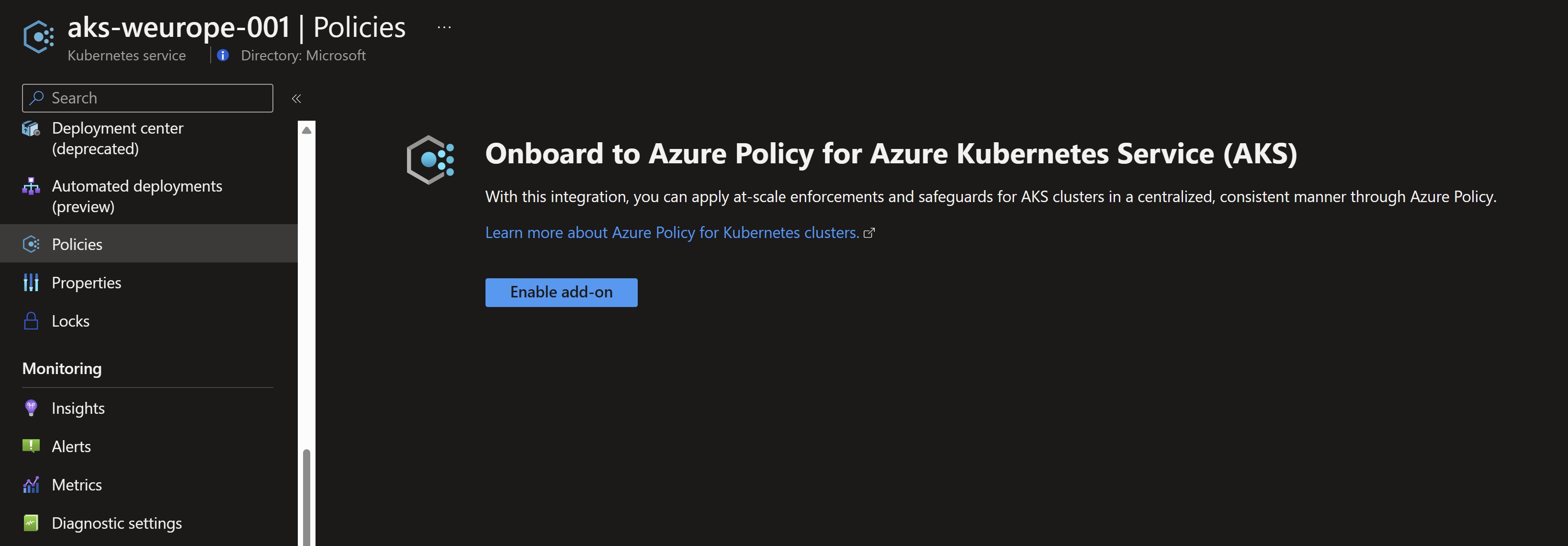 Screenshot showing the Azure Policy add-on not enabled on the second cluster