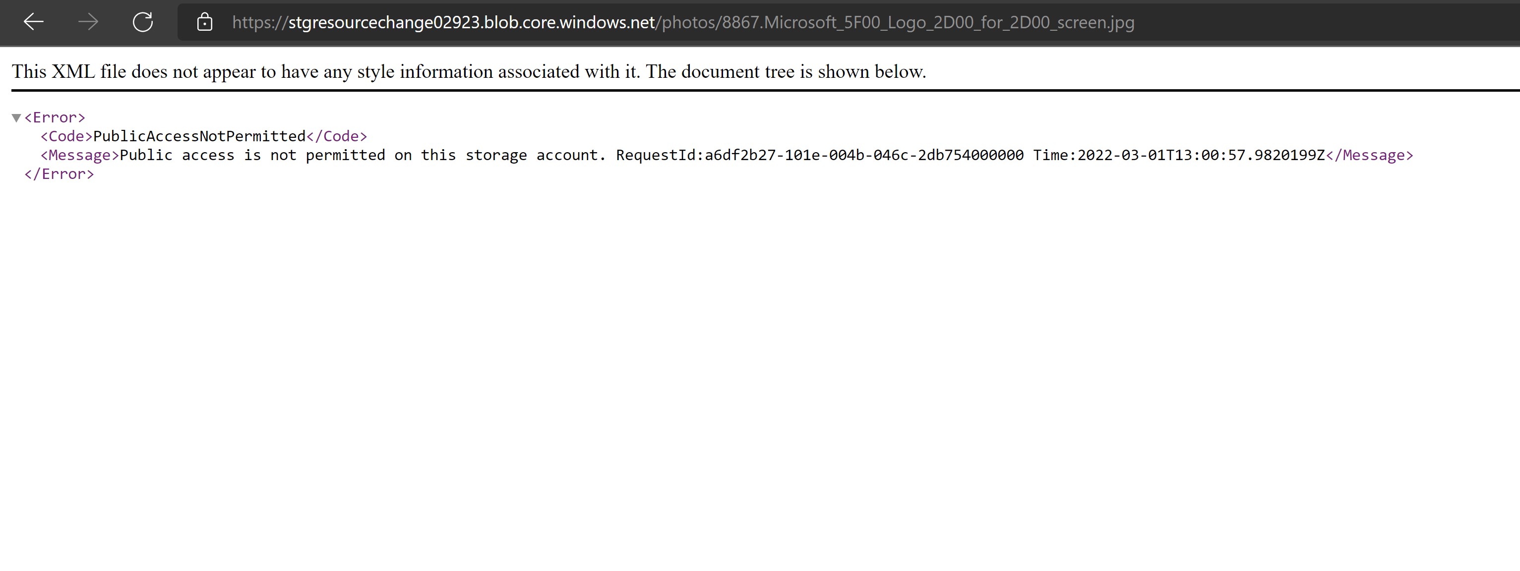 Screenshot showing a not working storage account blob retrieval
