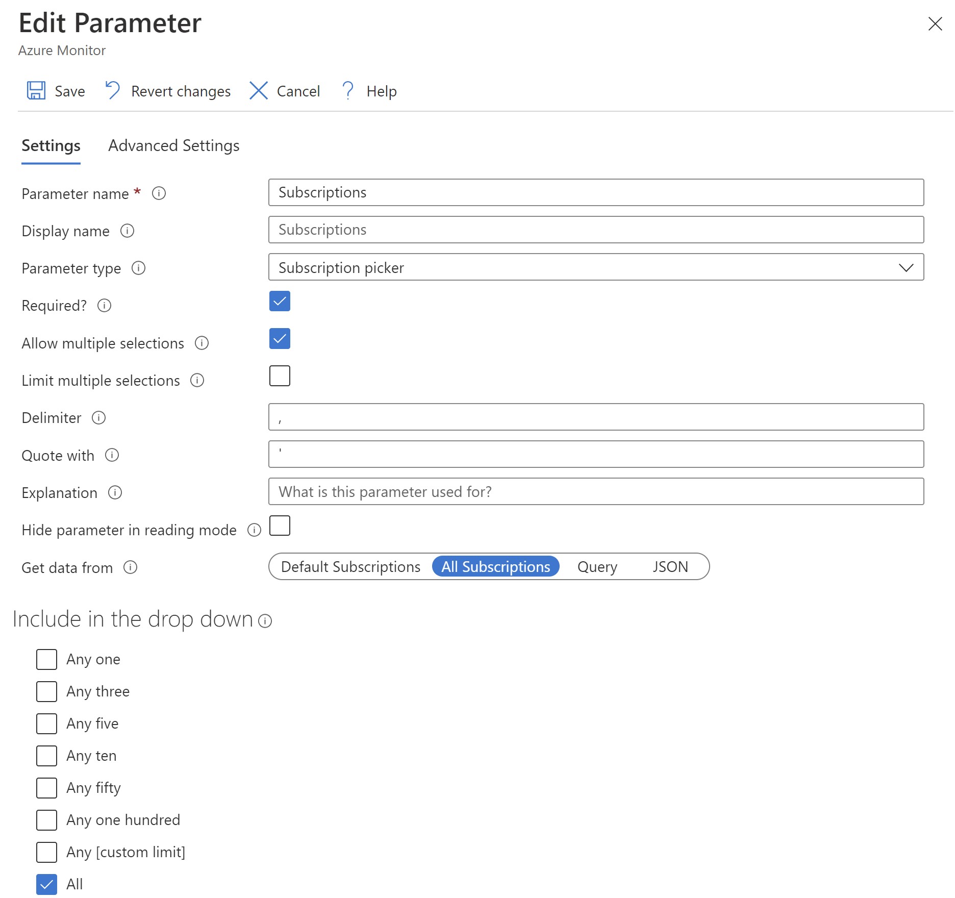 Screenshot showing editing the subscription parameter