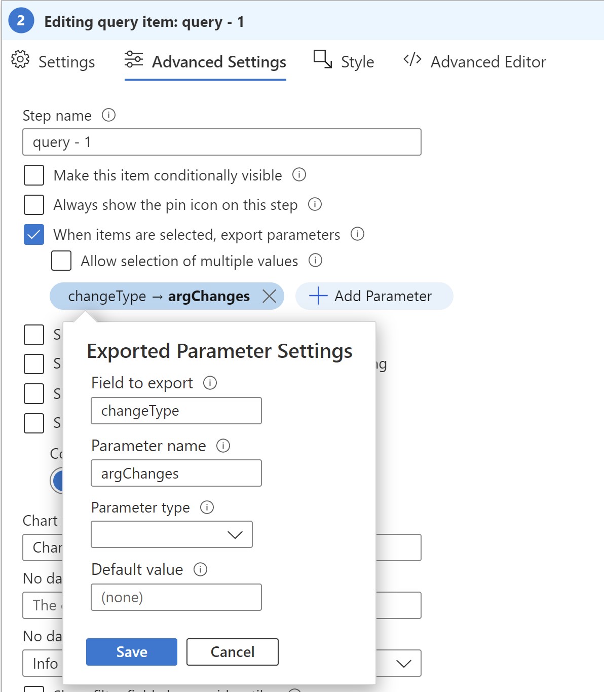 Screenshot showing exporting a parameter in the query settings