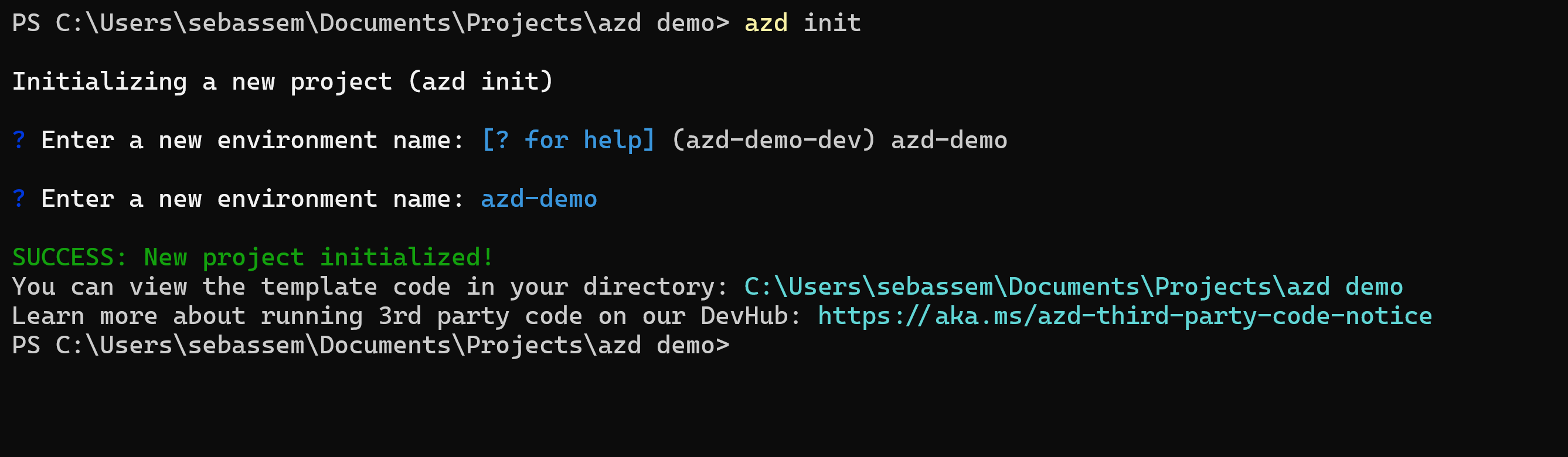 Screenshot showing the azd init command