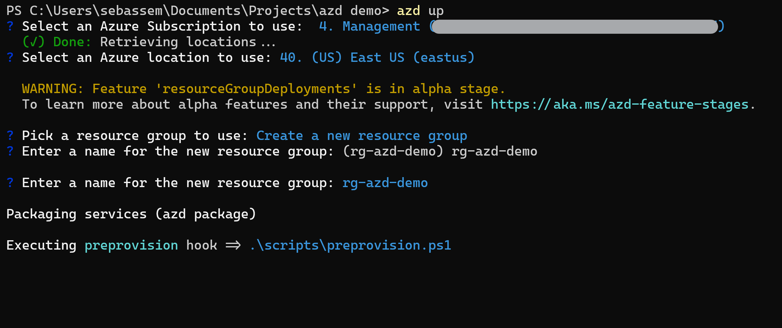 Screenshot showing the azd command running the preprovision script