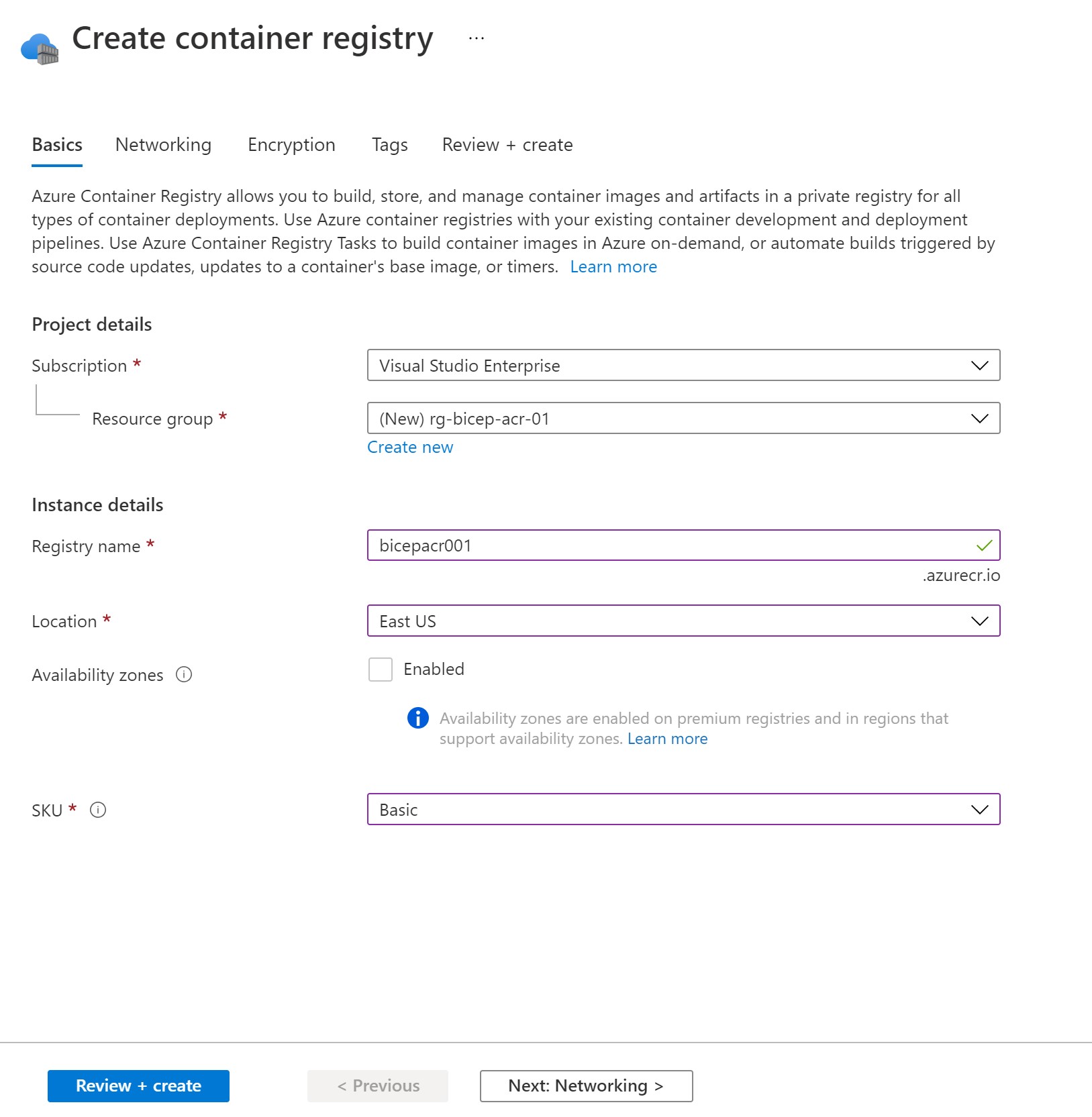 New Azure container registry