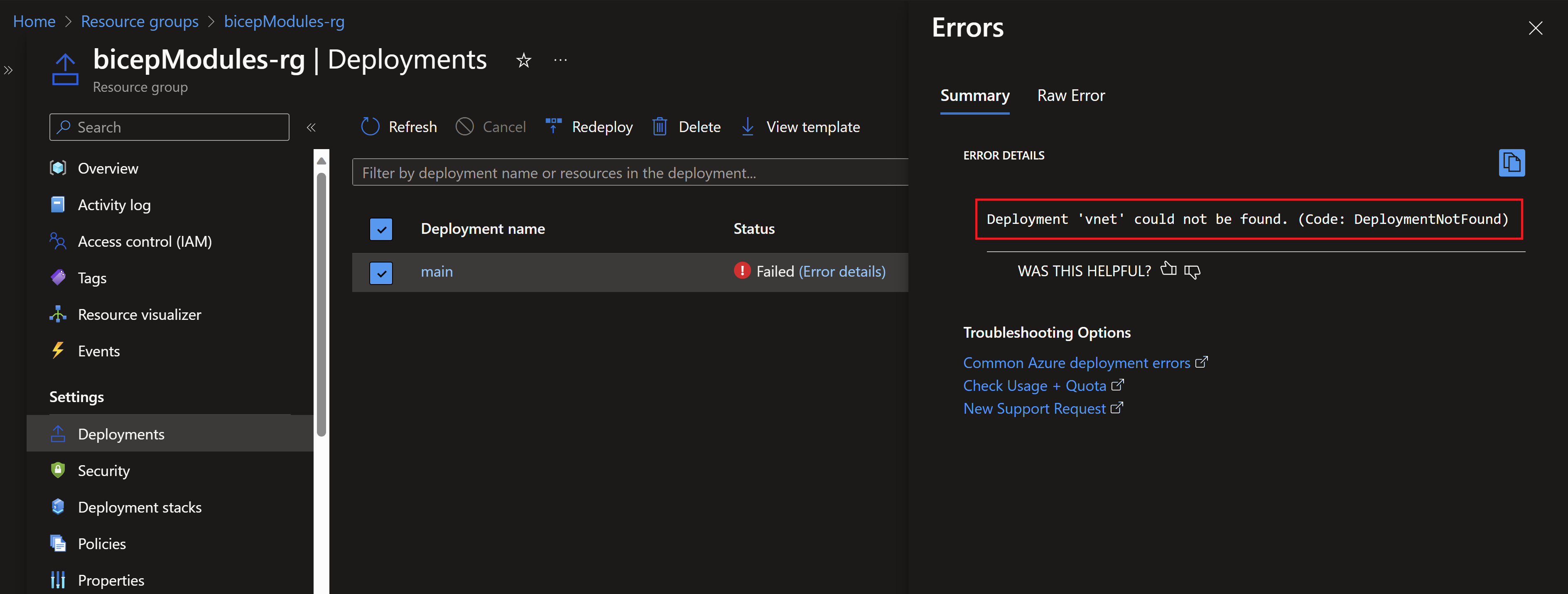 Screenshot showing the deployment failed with an error that the vnet module is not found